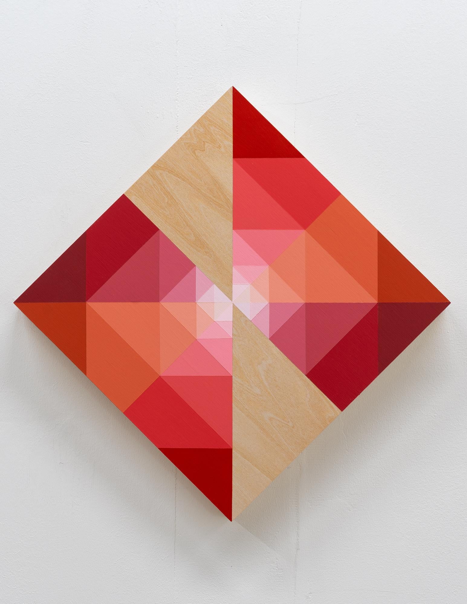 Abstract Painting di Linda King Ferguson - SUNDOG 35 - Pittura su pannello di legno con forme geometriche rosse ispirate alla natura