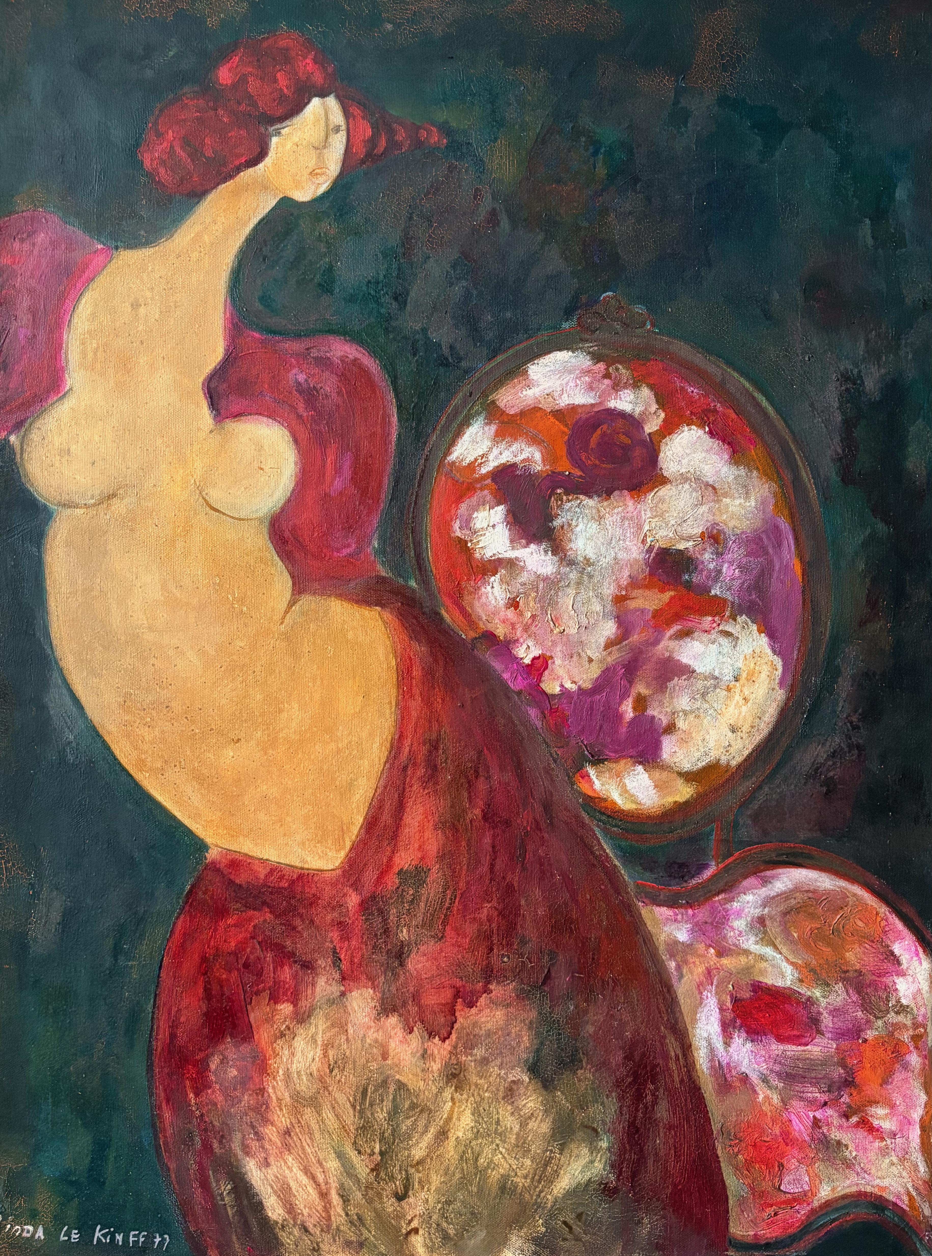 "La Dame au Fauteuil" is a 1977 French postwar figurative oil on canvas by Linda Le Kinff.
Signed and dated by the artist, this work is highly representative of her distinctive style, characterized by vivid color contrasts and a soft, romantic