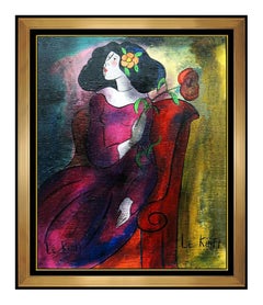 Peinture à l'huile sur panneau originale de Linda Le Kinff représentant une femme, style cubiste, signée