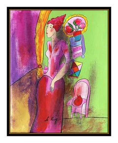 Linda Le Kinff Original Oil On Canvas Painting Female Portrait Cat Modern Signed