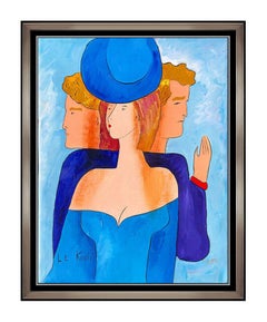 Peinture à l'huile originale sur toile signée Linda Le Kinff, style cubiste, femme et homme moderne