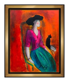 Linda Le Kinff Painting Signed Original Oil On Board Female Portrait Animal Art