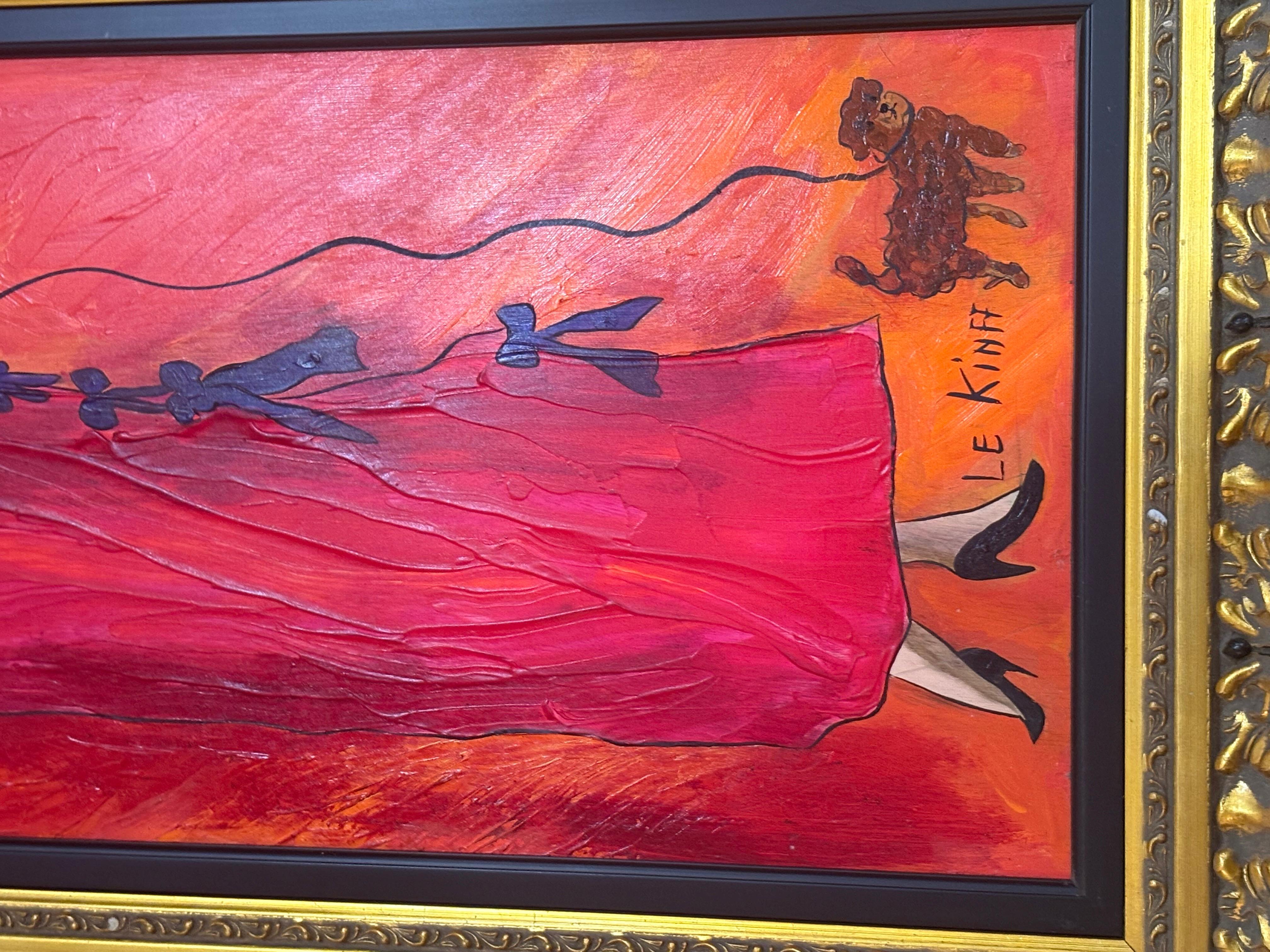 Linda Le Kinff Original Oil Painting On Board “Walking The Dog”. In good condition measures 46x22