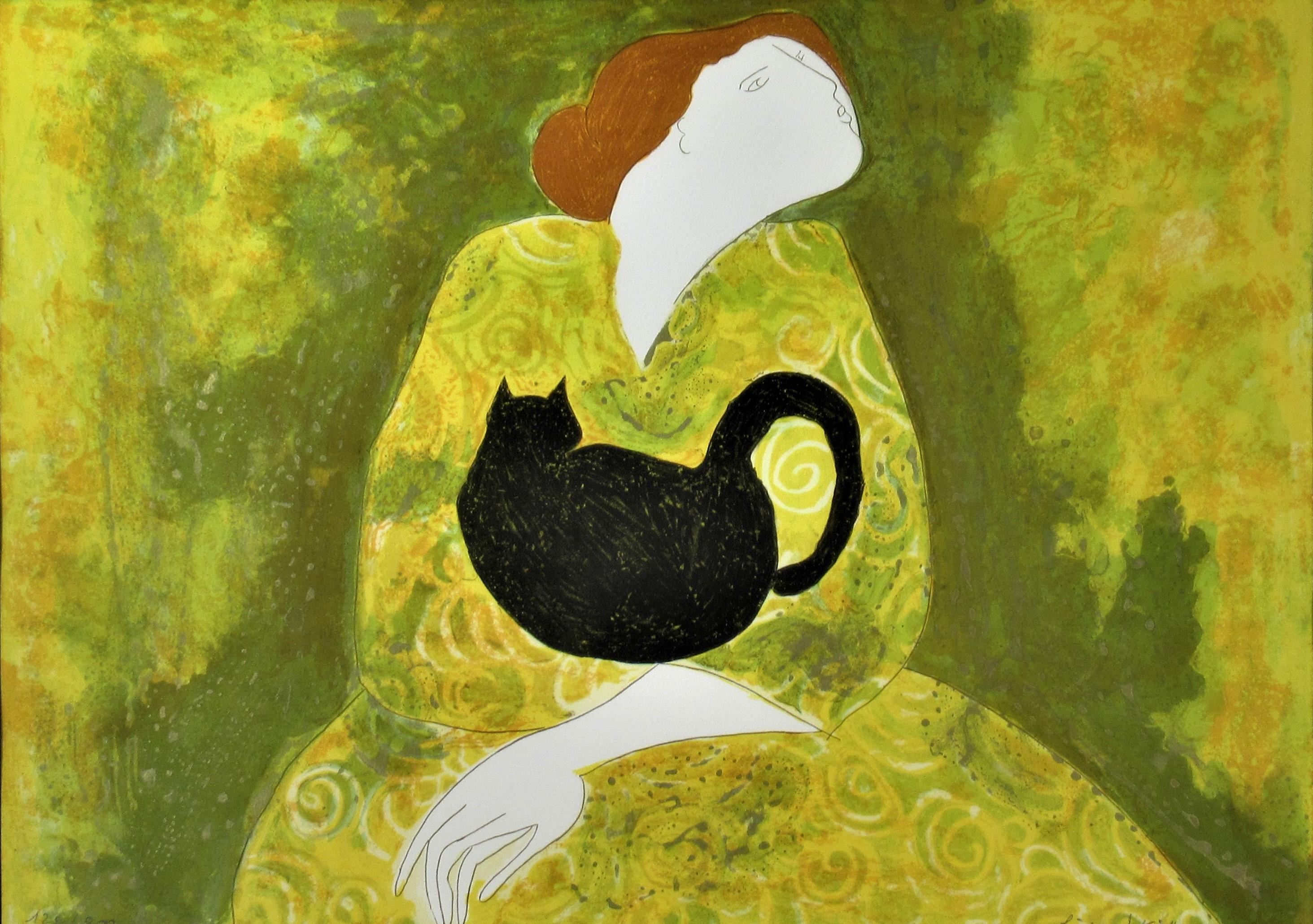 Woman with Cat - Print by Linda Le Kinff
