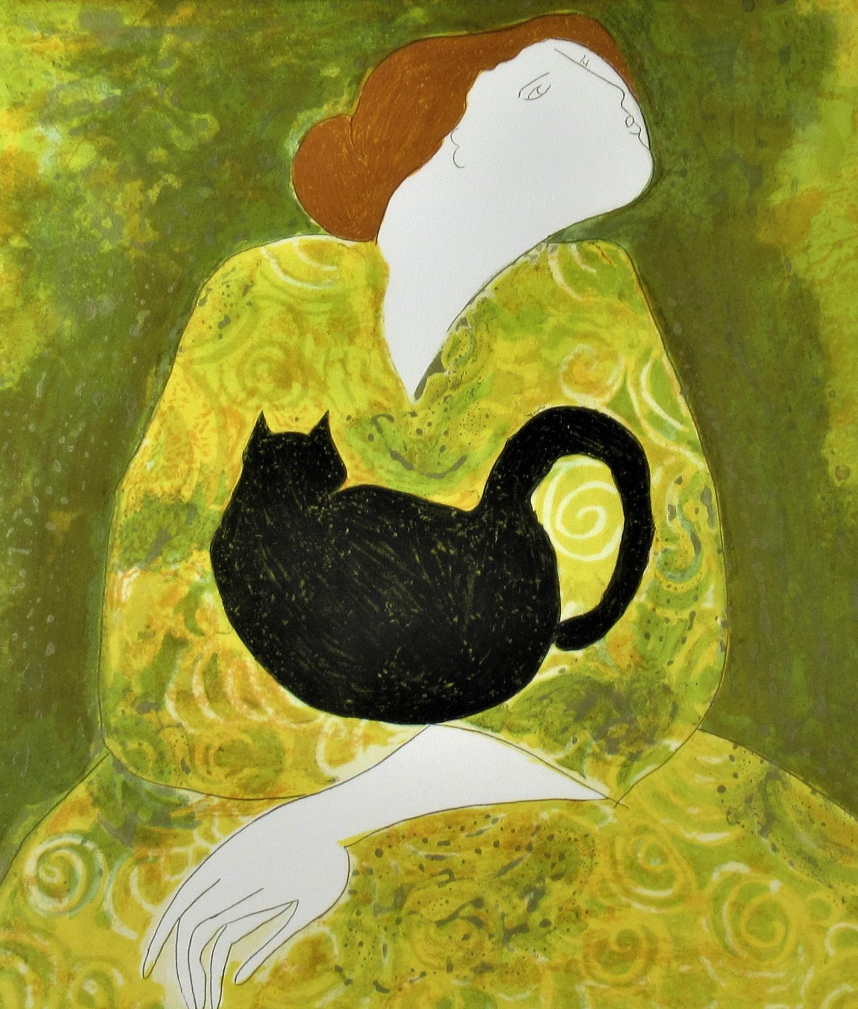 Femme avec chat - Contemporain Print par Linda Le Kinff