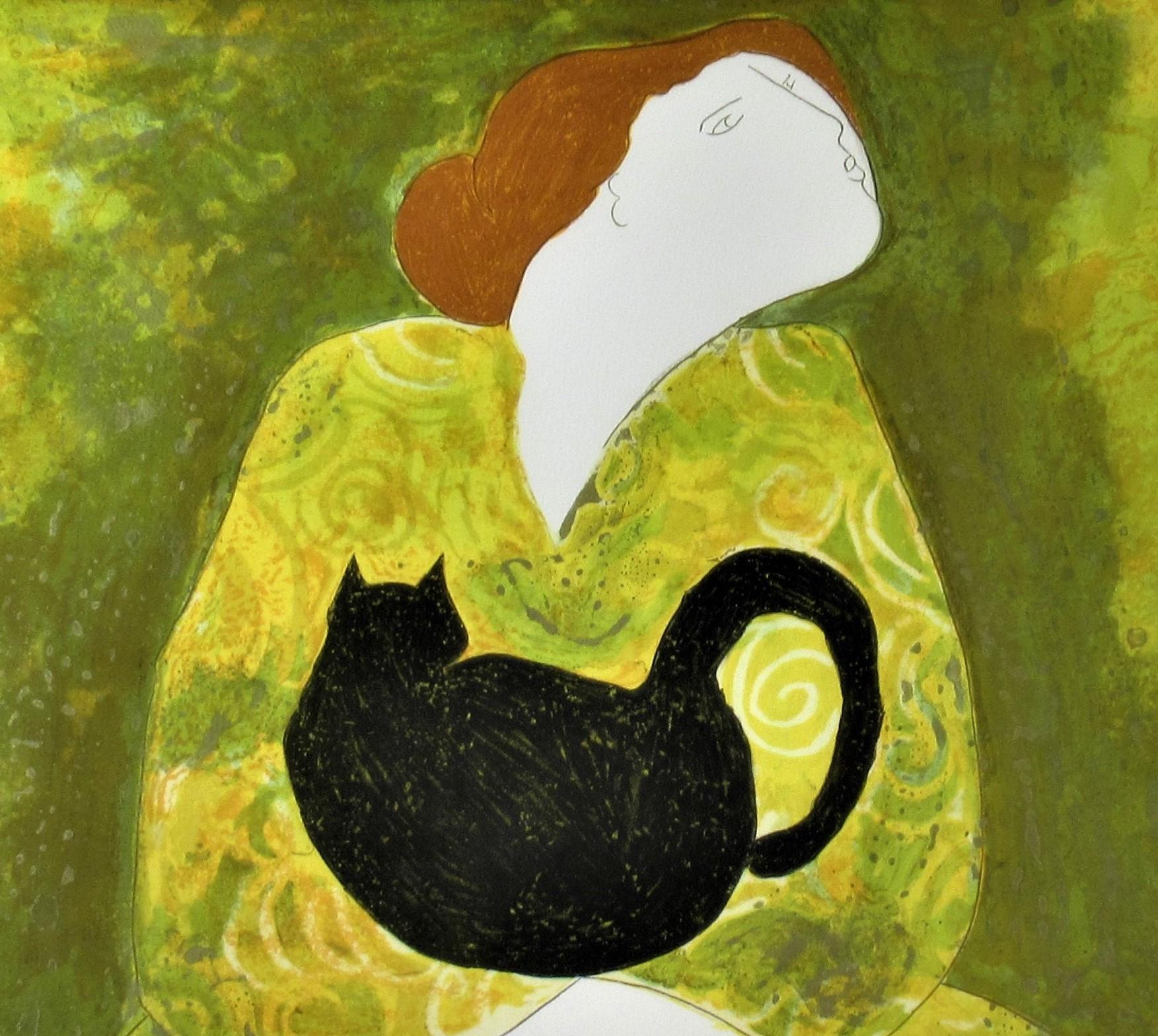 Femme avec chat - Marron Figurative Print par Linda Le Kinff