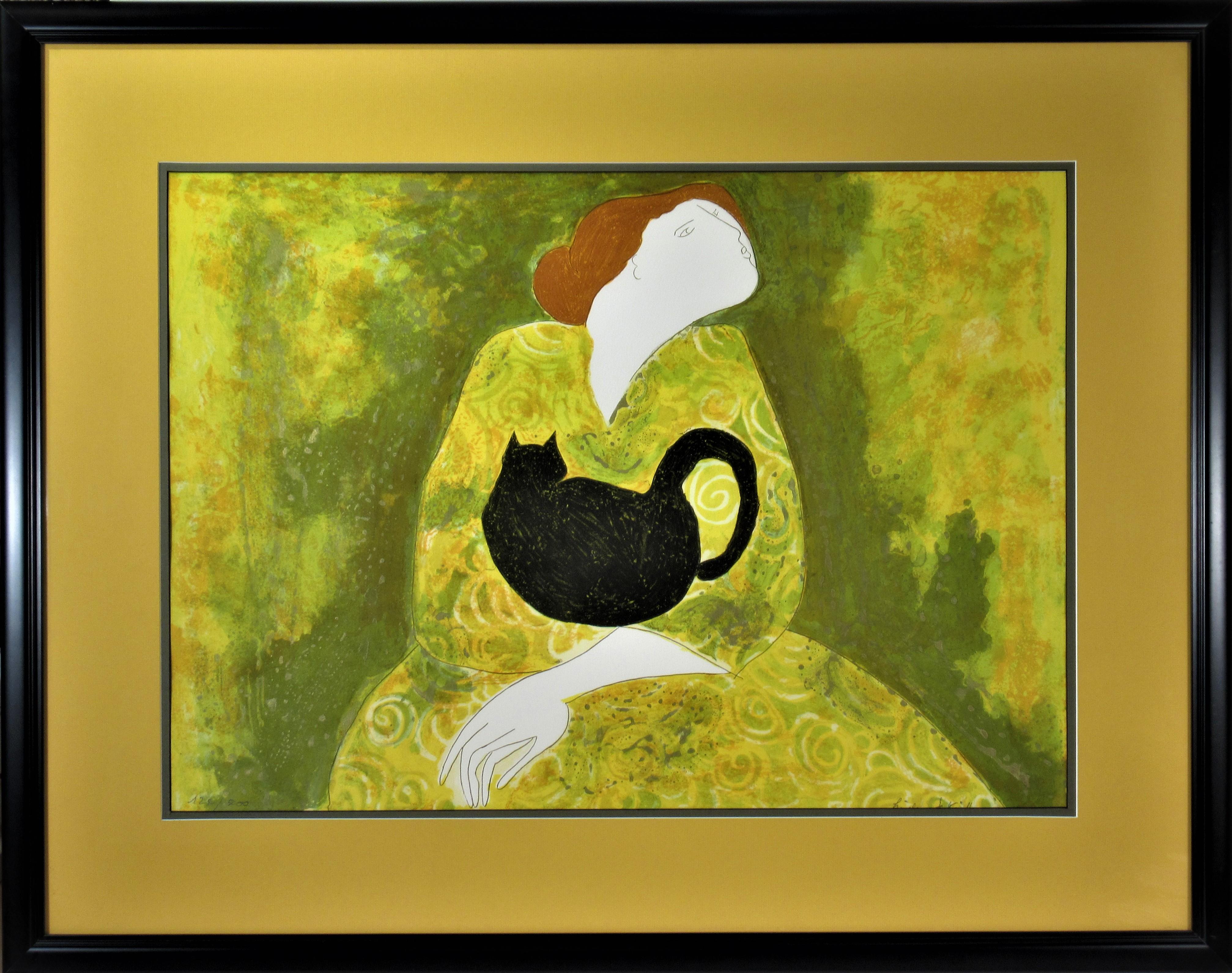 Figurative Print Linda Le Kinff - Femme avec chat