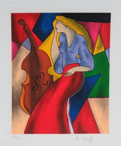 Woman with Cello, Cubist Screenprint by Linda Le Kinff