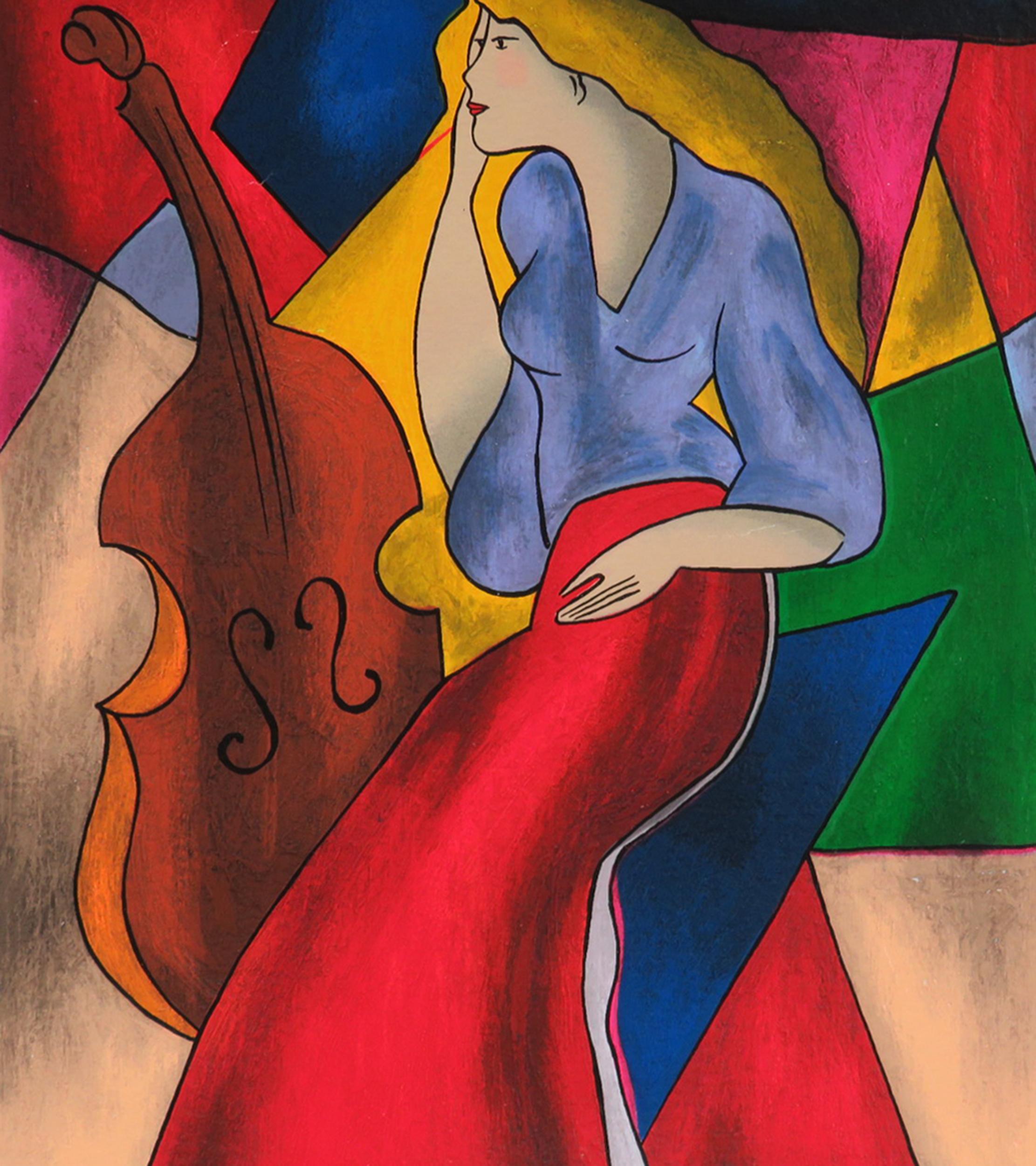 Una luminosa serigrafia cubista di una donna seduta con un violoncello. Indossa una lunga gonna rossa e una camicetta blu ed è in posa davanti a uno sfondo composto da forme geometriche intersecate. L'opera è firmata e numerata a matita dall'artista