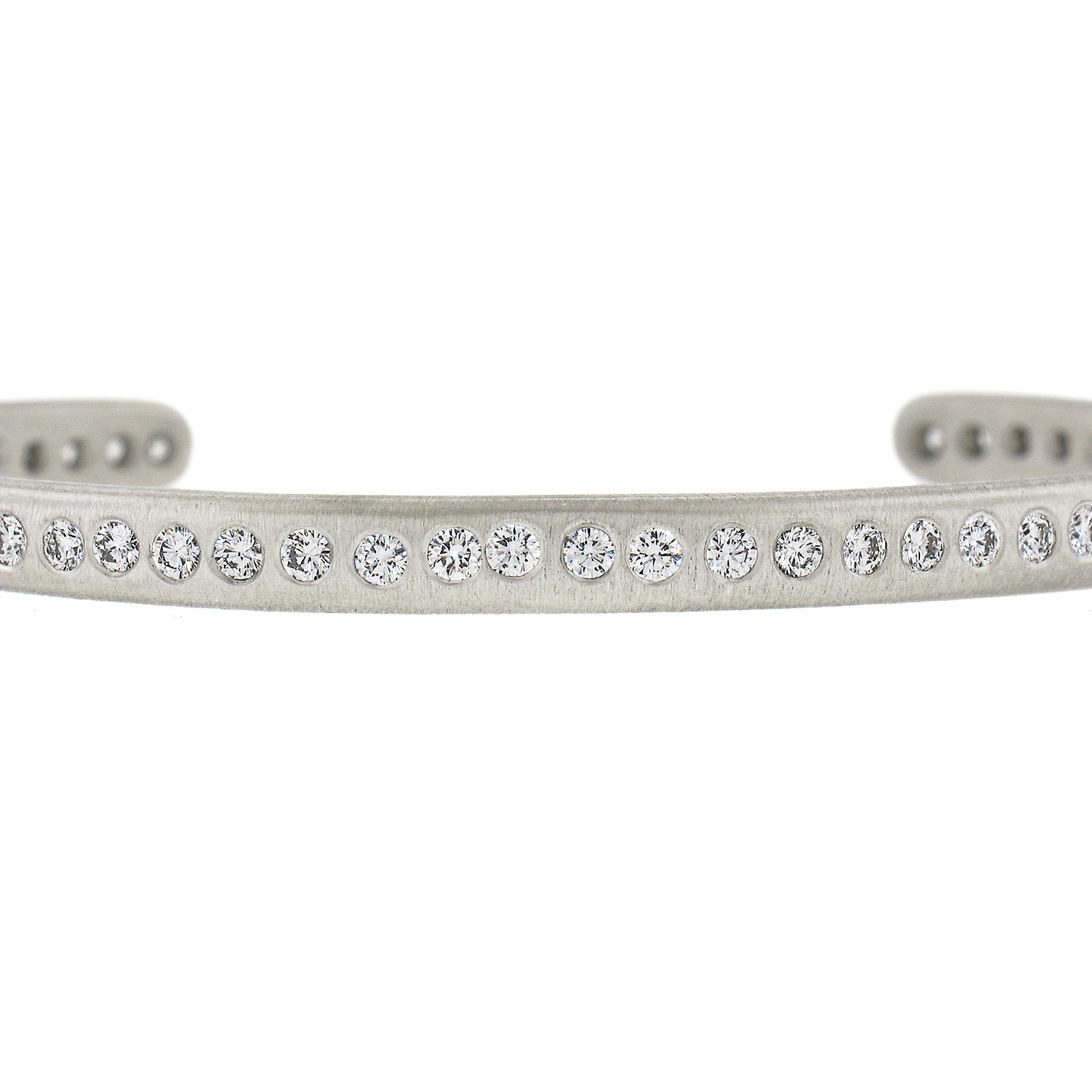 Round Cut Linda Lee Johnson Platinum Matte Finish Open Cuff Bangle Bracelet w/ Diamonds For Sale