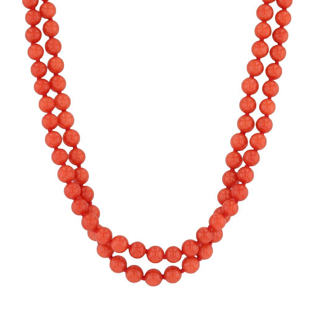 This beautiful coral double strand necklace is a Linda Lee Johnson piece. Johnson was a multi talented artist, who, in 1989, partnered with Barneys to introduce their first jewelry line.

Gem: Natural Precious Coral - 5.2 - 5.7 mm, Round Bead Shape,