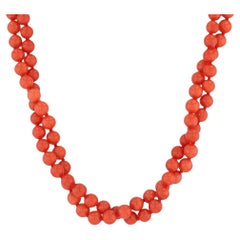 Linda Lee Johnson Precious Red Coral Bead Necklace 22k Gold 17" Double Strand