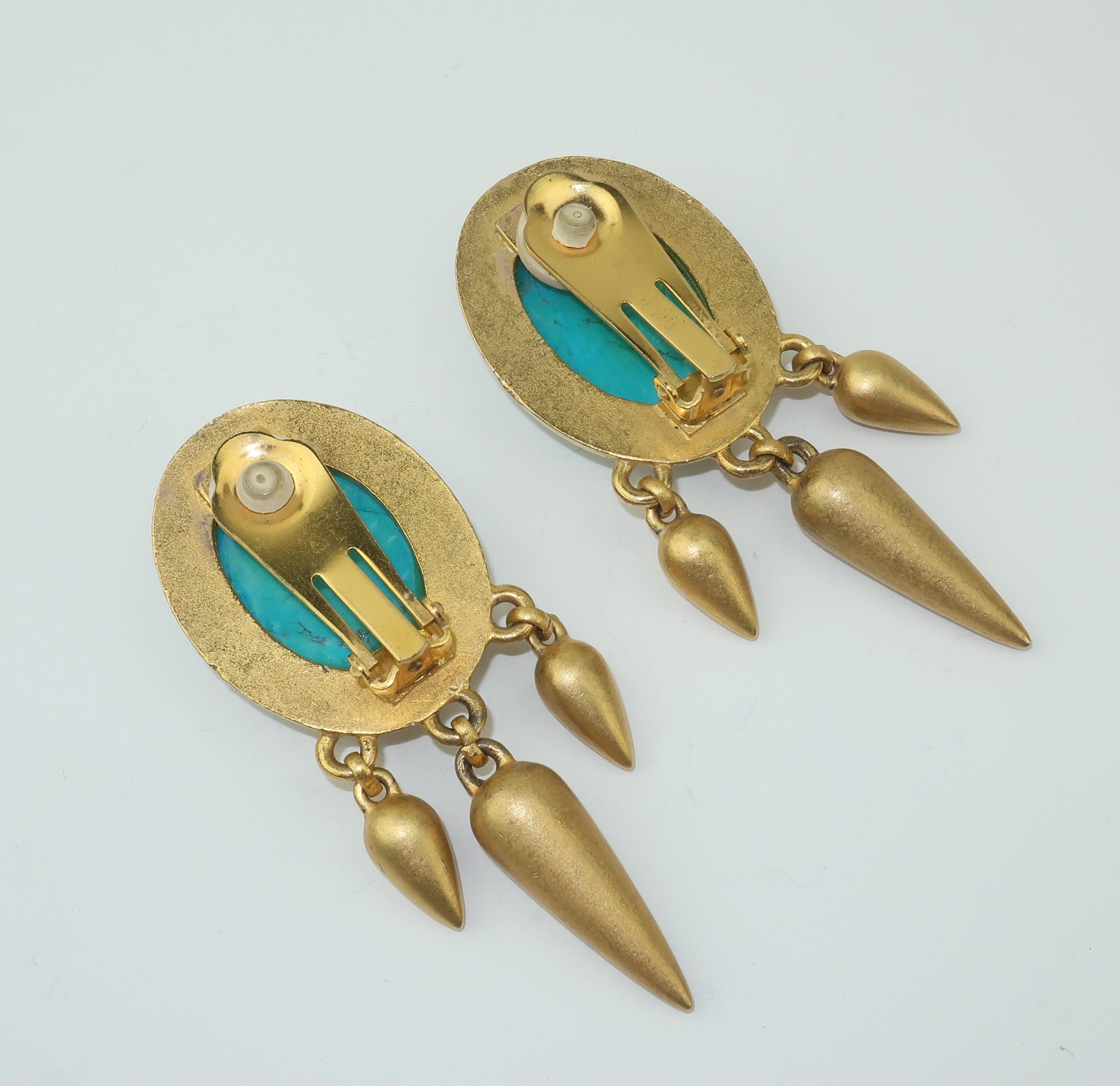 Modern Linda Levinson Gold Tone & Turquoise Glass Earrings