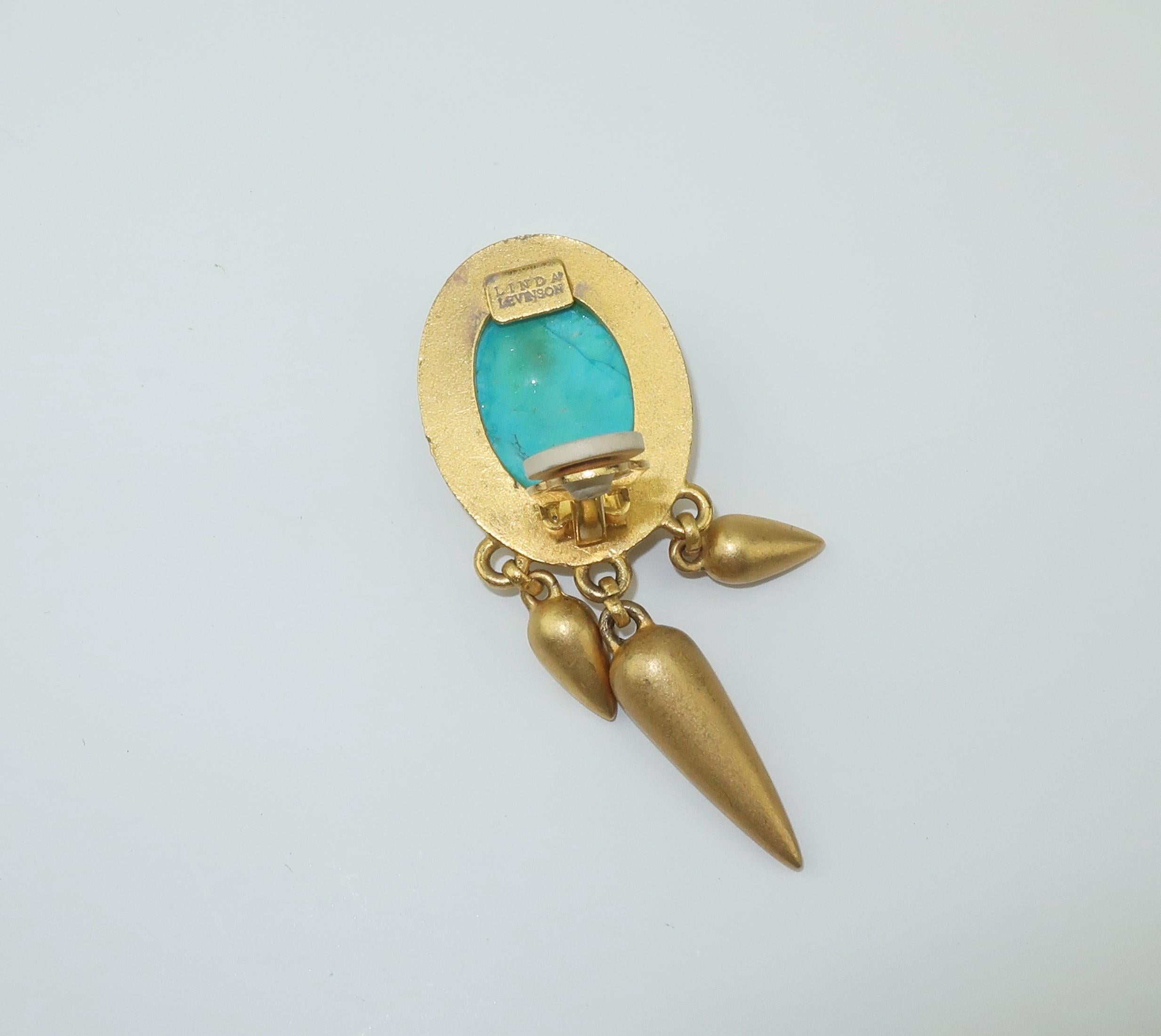 Linda Levinson Gold Tone & Turquoise Glass Earrings In Good Condition In Atlanta, GA