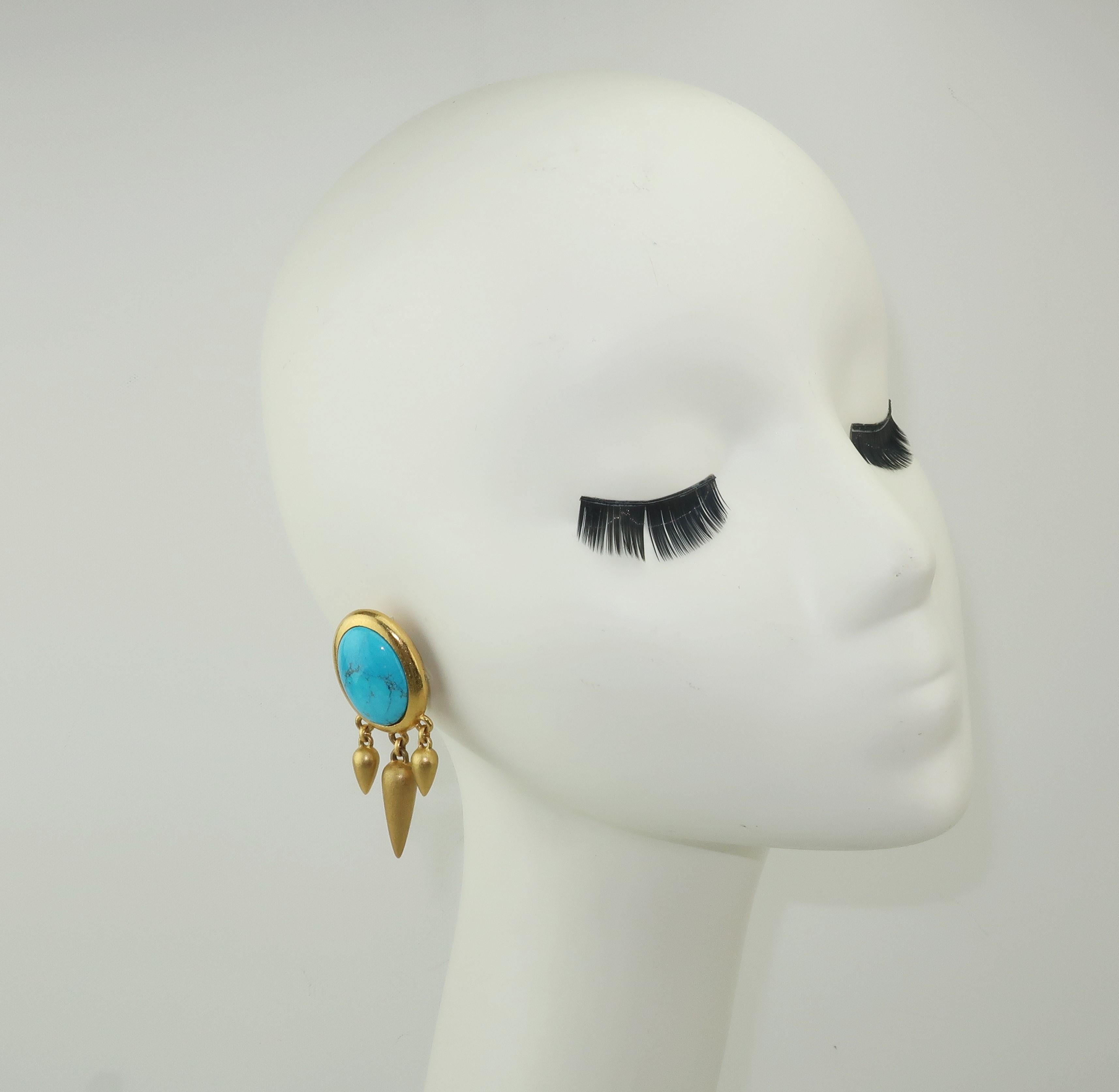 Linda Levinson Gold Tone & Turquoise Glass Earrings 1