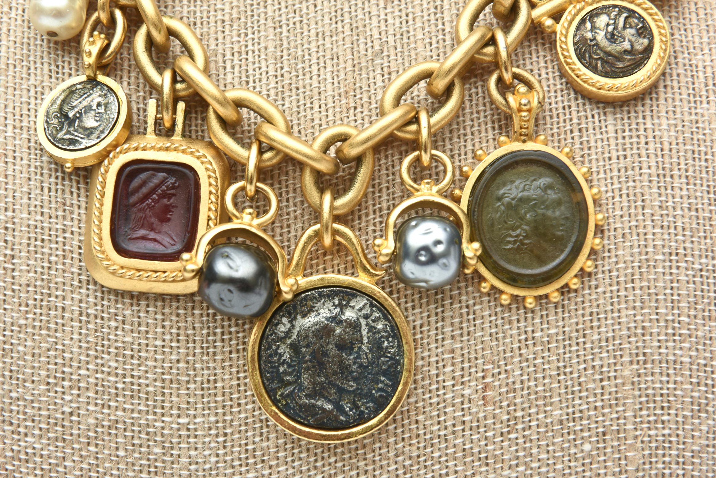 Women's  Roman Fab Coin Stone and Resin Dangle Link Chain Necklace Custom Signed Vintage For Sale