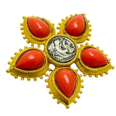 LINDA LEVINSON signed vintage gold silver coin coral designer runway brooch