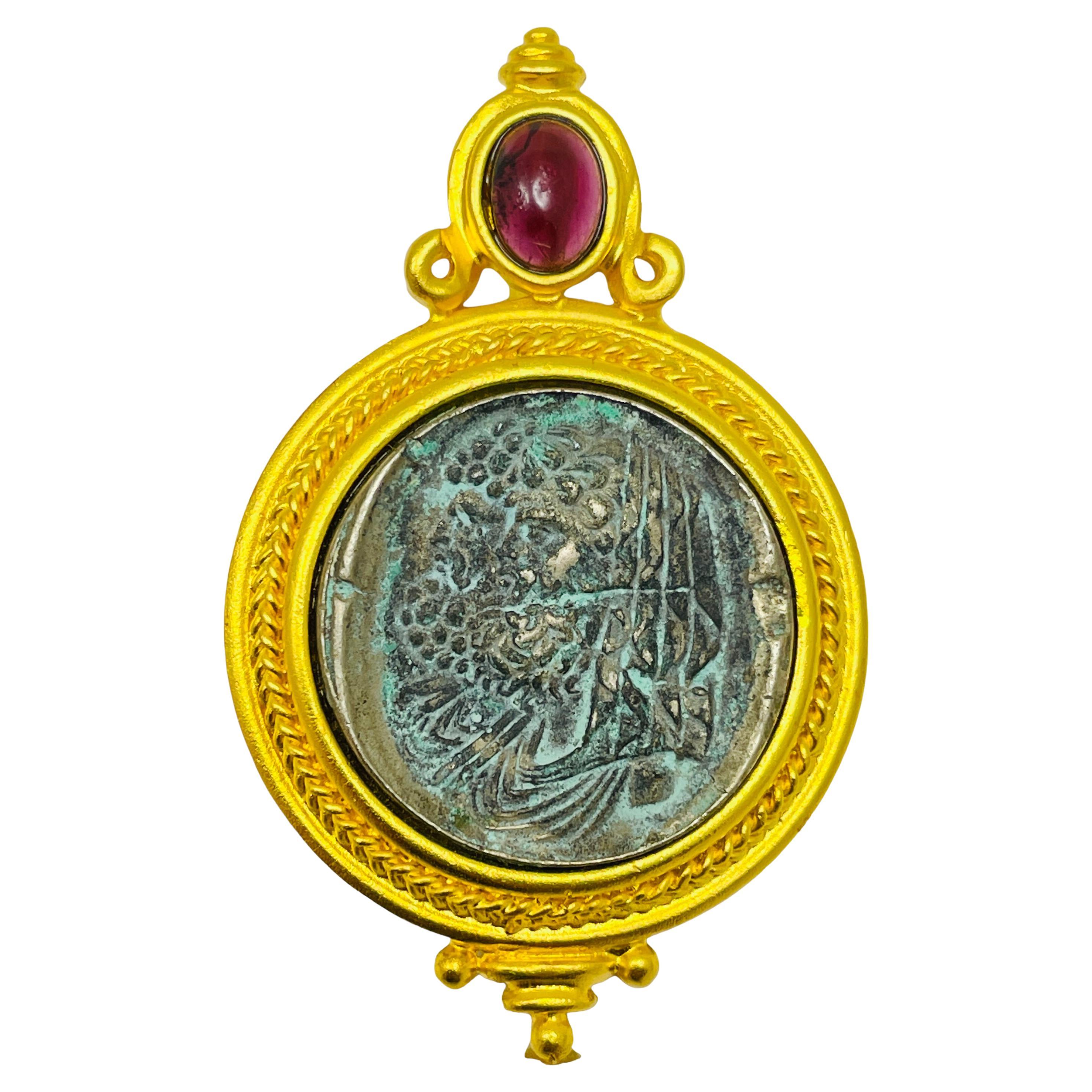 LINDA LEVINSON signiert Vintage Gold Ton antike Münze Designer Anhänger Halskette im Angebot