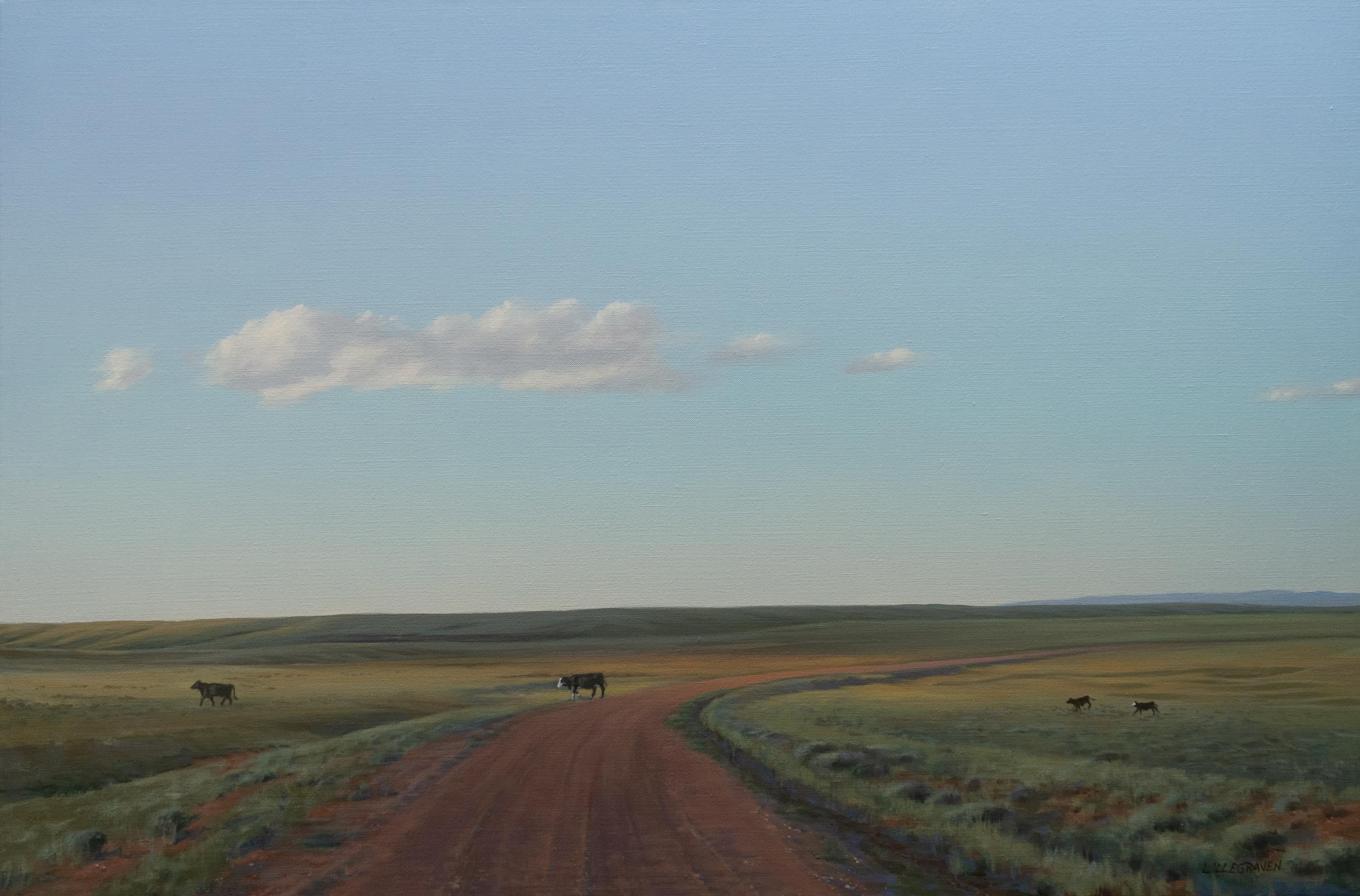 "Vacas y terneros cerca de Antelope Creek" (2024) Por Linda Lillegraven, Pintura al óleo