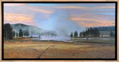 Morning Near Mud Volcano (Wyoming sky, hot springs, evergreens, pastels, green)
