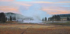 Morning Near Mud Volcano (Wyoming sky, hot springs, evergreens, pastels, green)