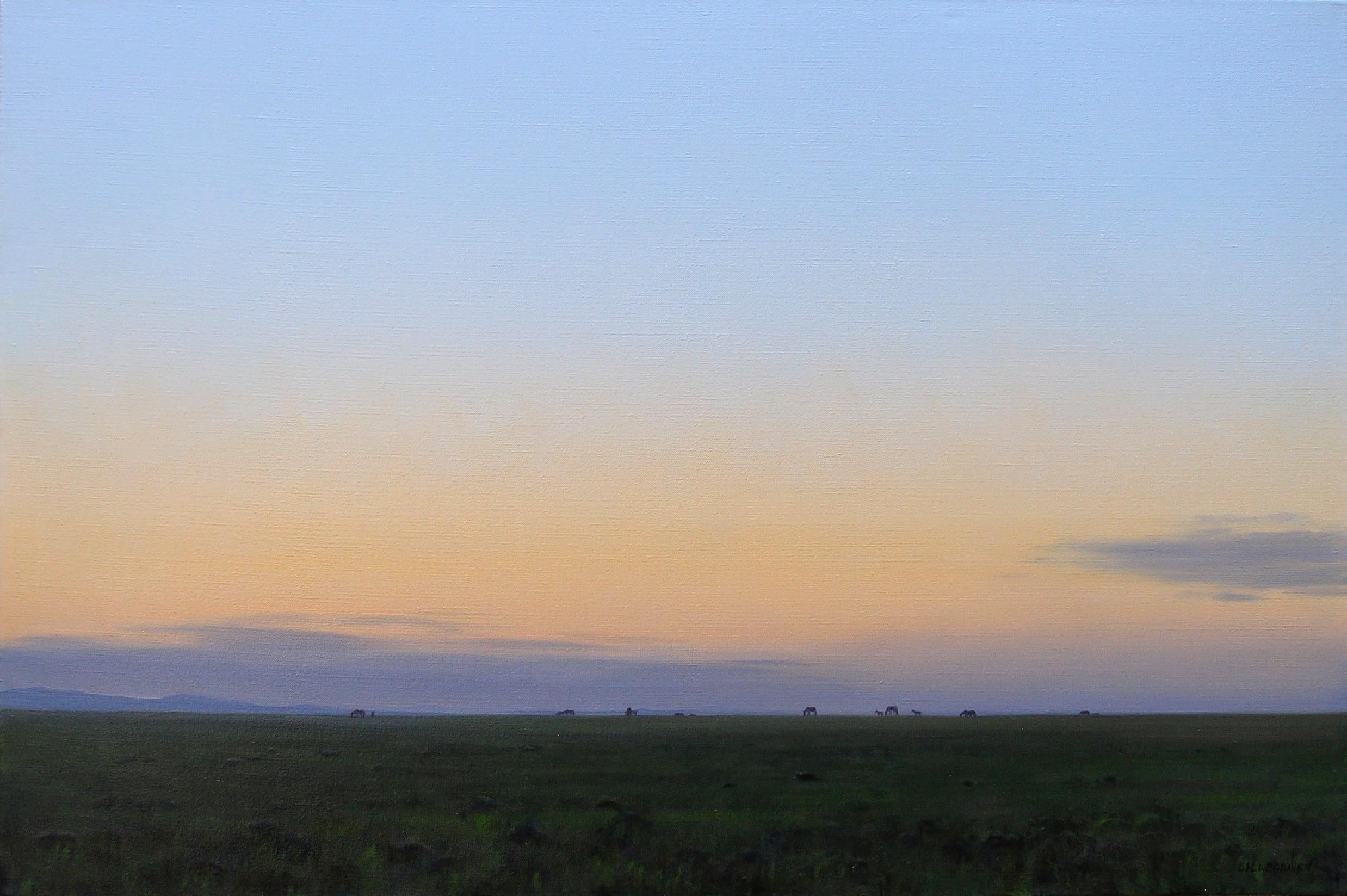 Linda Lillegraven Landscape Painting - Moving Into Twilight (sunset, landscape, sky, clouds)