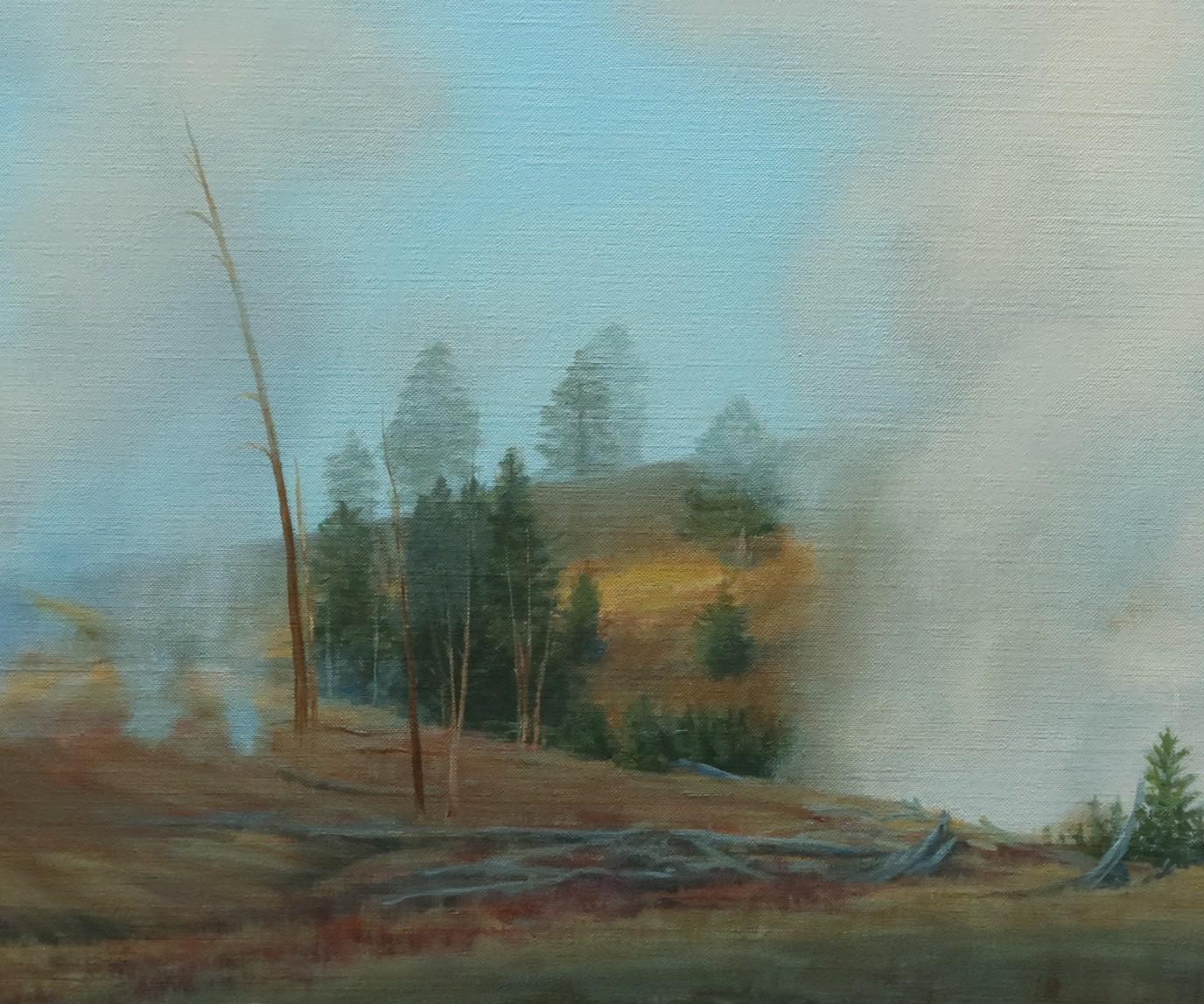 « Dun Volcano Town » (2023) de Linda Lillegraven, peinture à l'huile en vente 4
