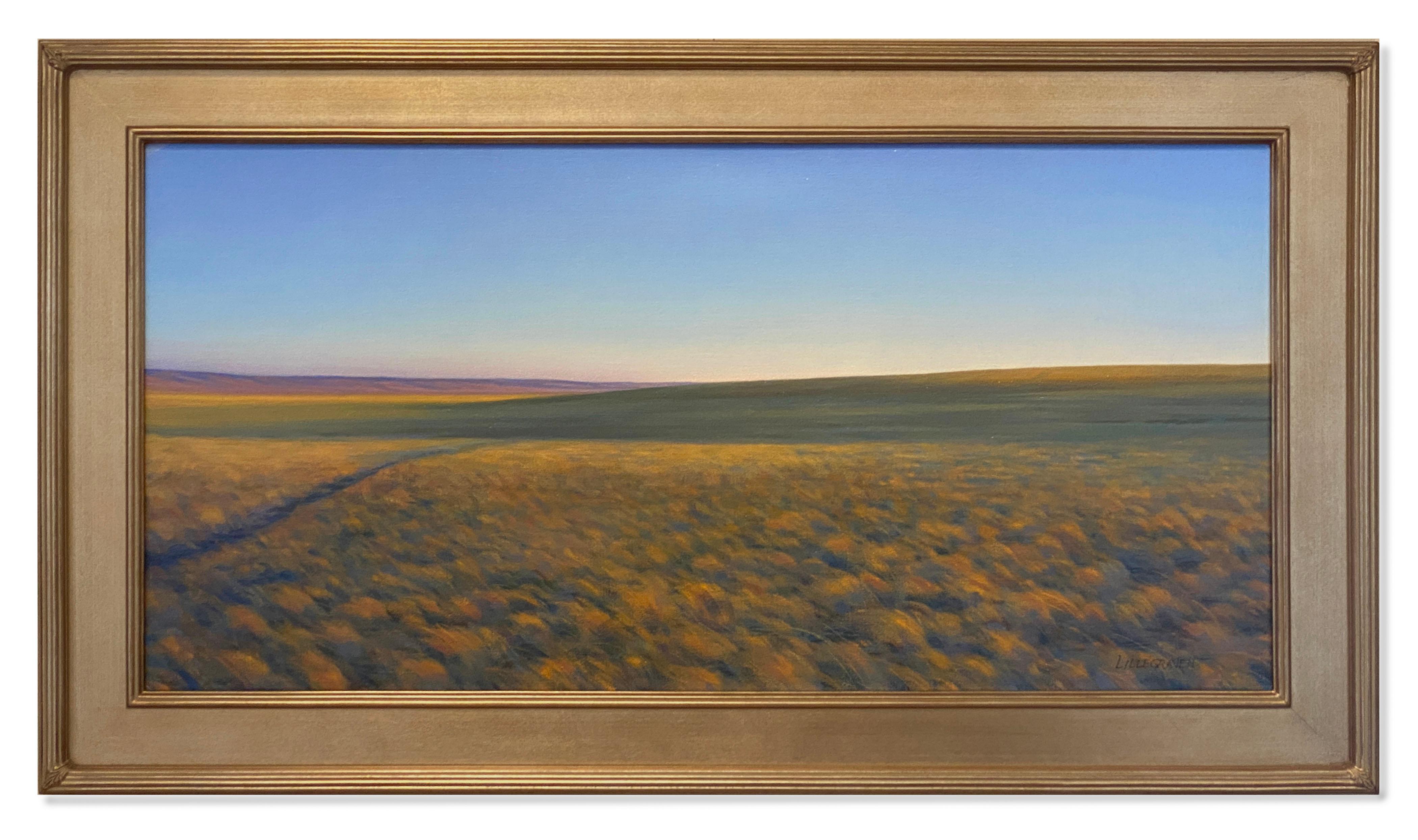 Pronghorn Path (landscape, Wyoming sky, open plains, grass, rainbow tones) - Painting by Linda Lillegraven