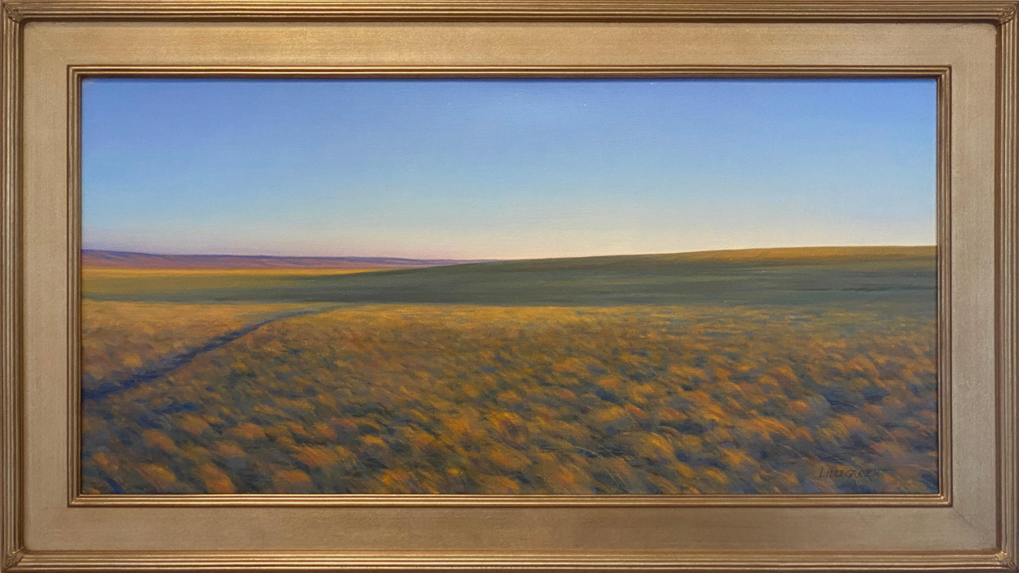 Linda Lillegraven Landscape Painting - Pronghorn Path (landscape, Wyoming sky, open plains, grass, rainbow tones)