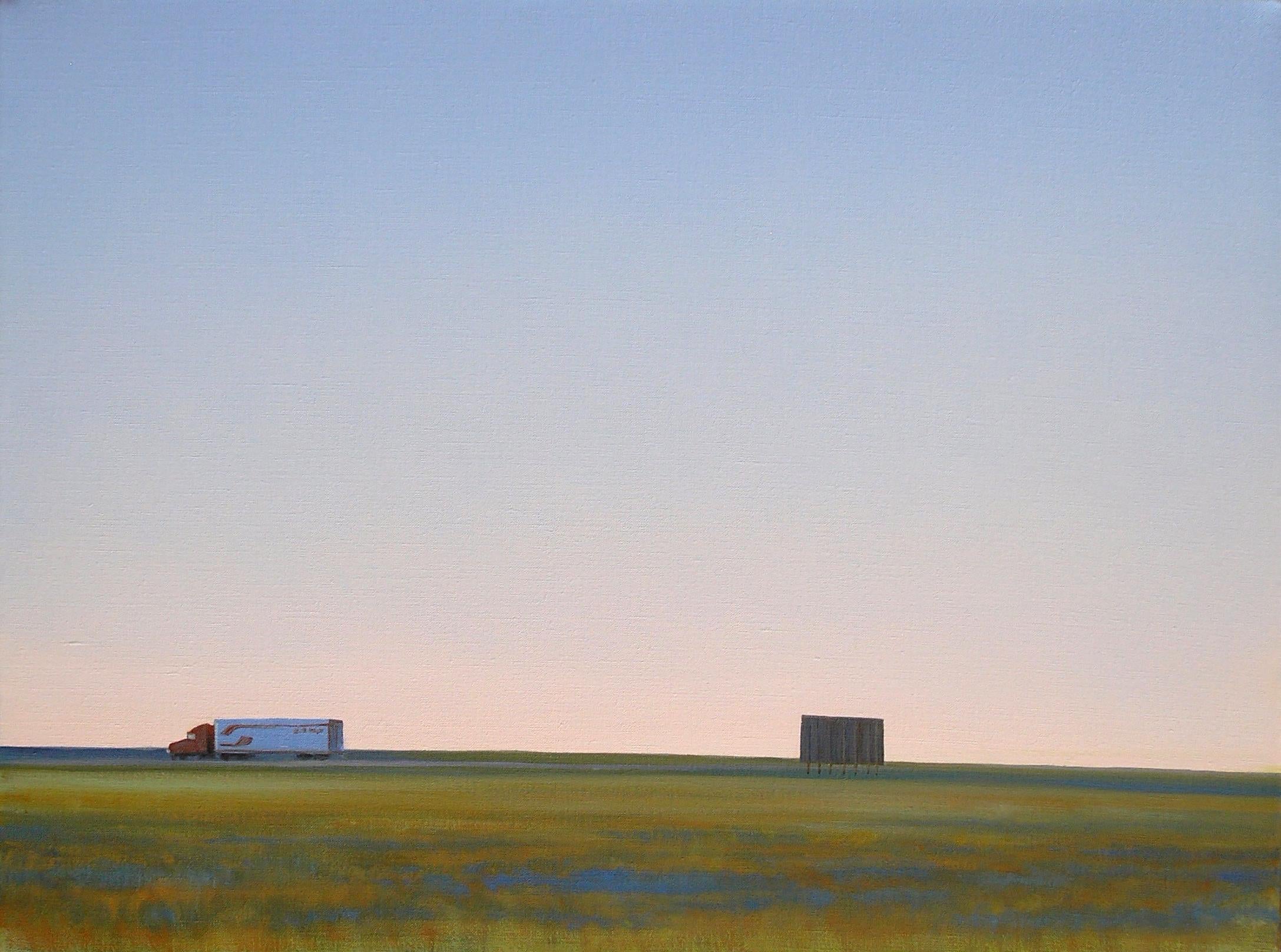 The Land Behind the Sign (landscape, sky, truck, plains) - Art by Linda Lillegraven