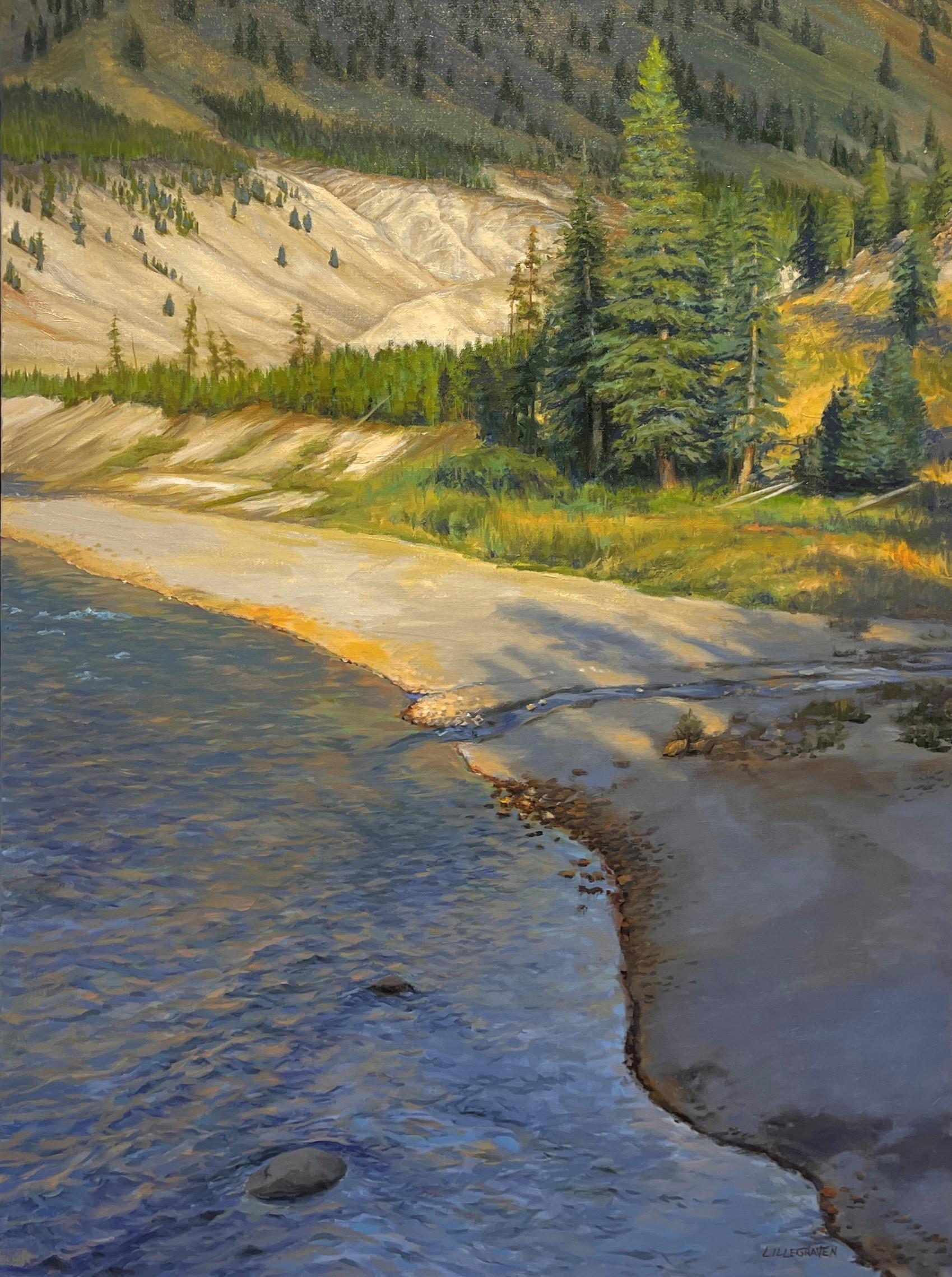 "Le Yellowstone près de la chute des tours" Paysage des montagnes Rocheuses occidentales, peinture à l'huile