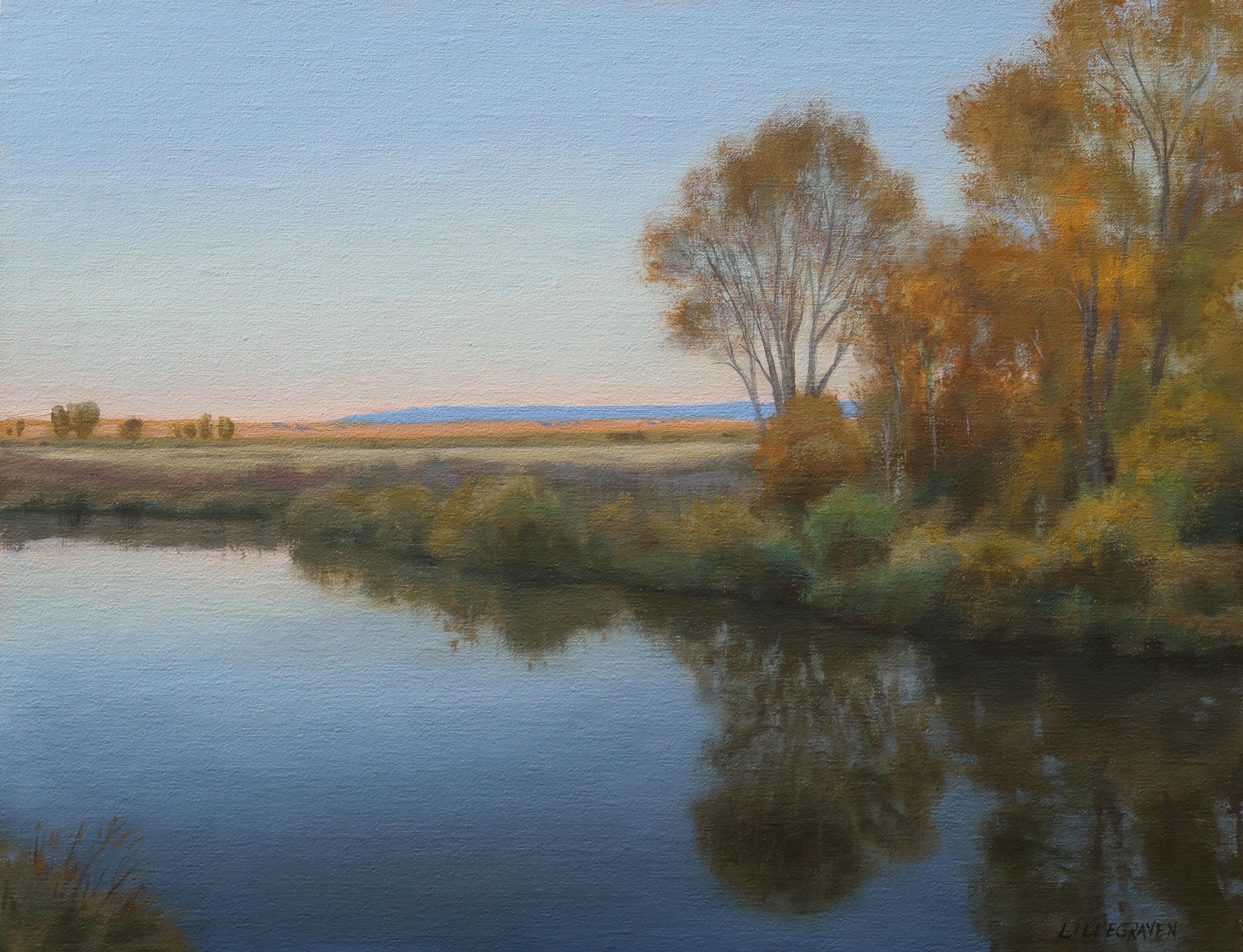 "Trees on a Prairie River" - Realist Landscape and Skyscape, Oil Painting