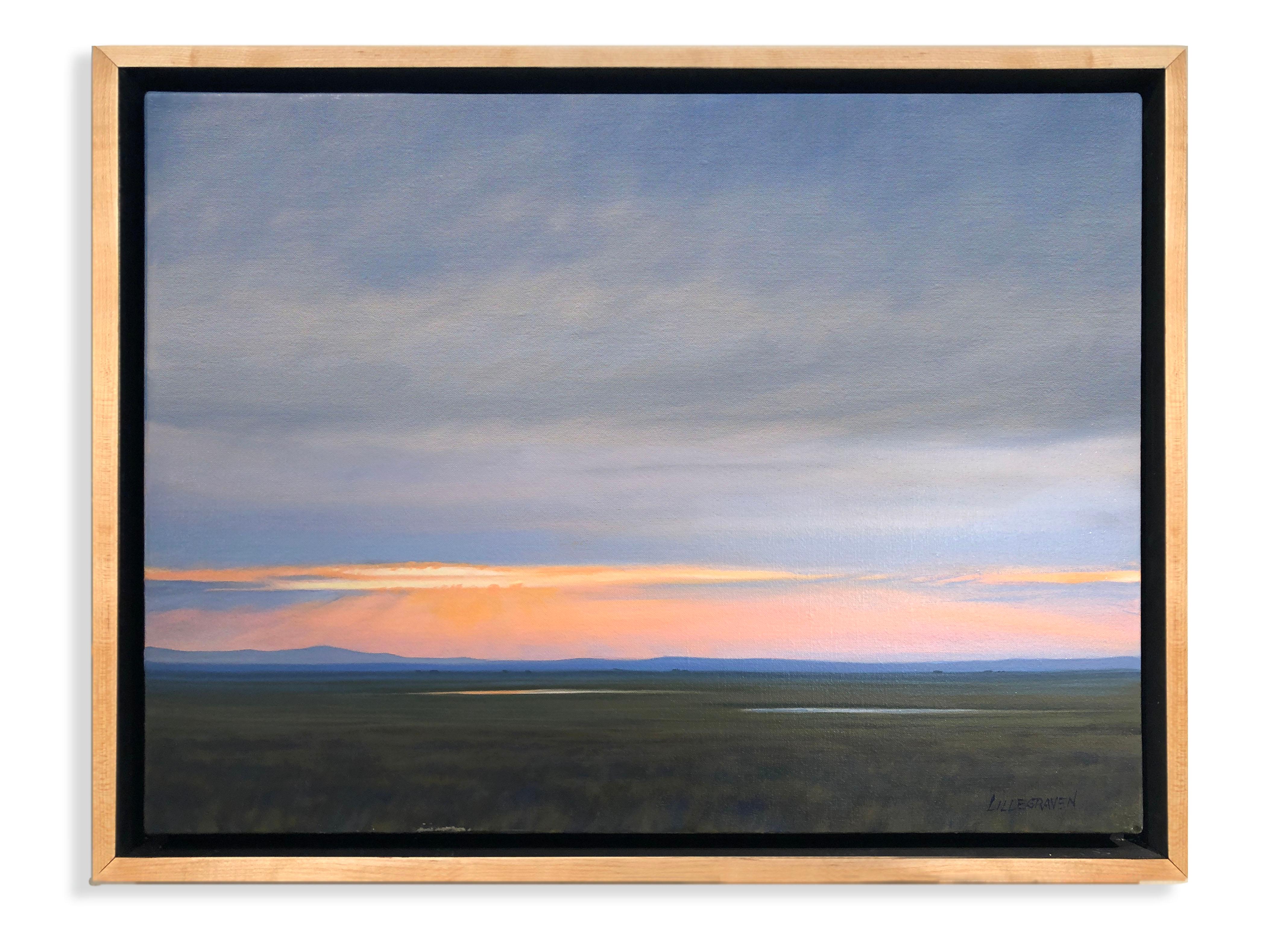 Two Prairie Ponds (landscape, sky, open plains, sunset) - Painting by Linda Lillegraven