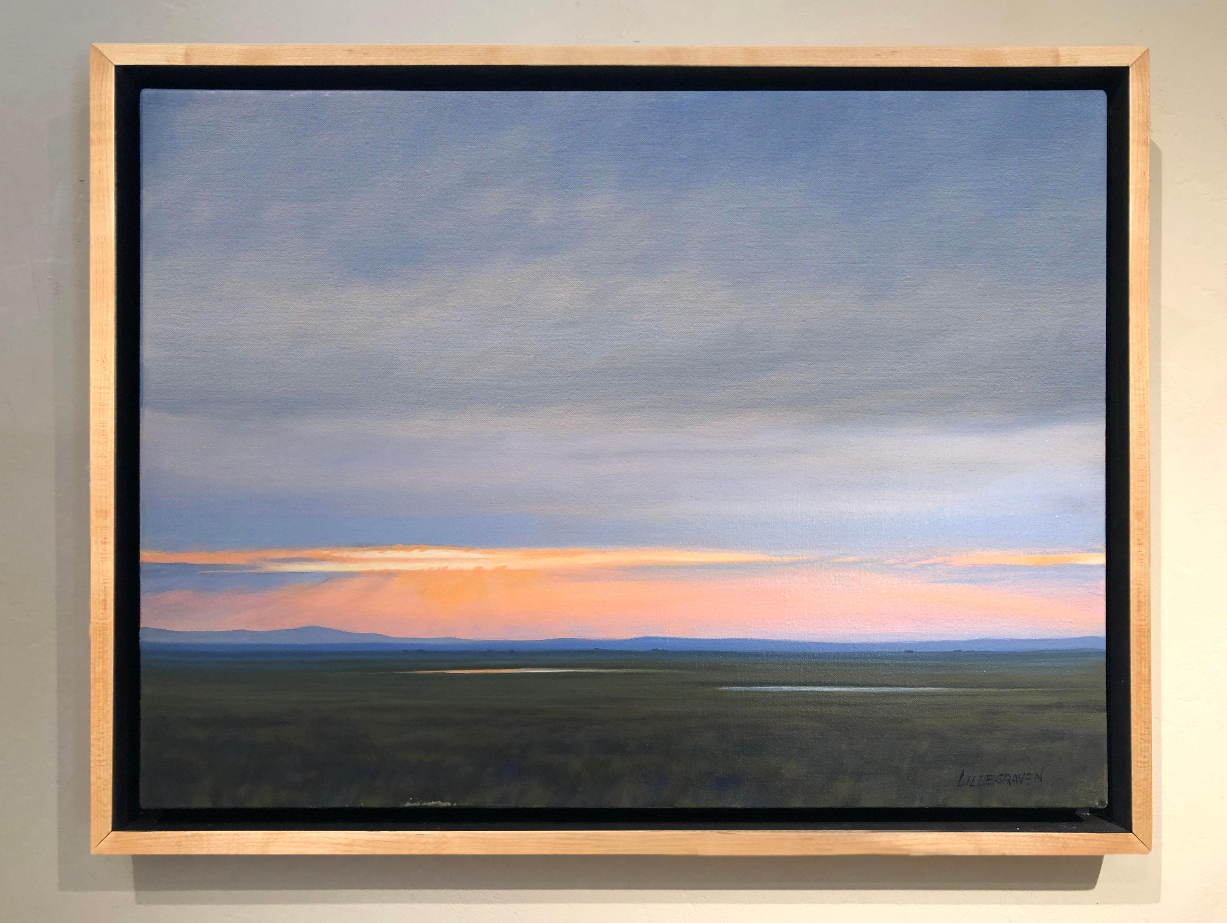 Two Prairie Ponds (landscape, sky, open plains, sunset) - Gray Landscape Painting by Linda Lillegraven