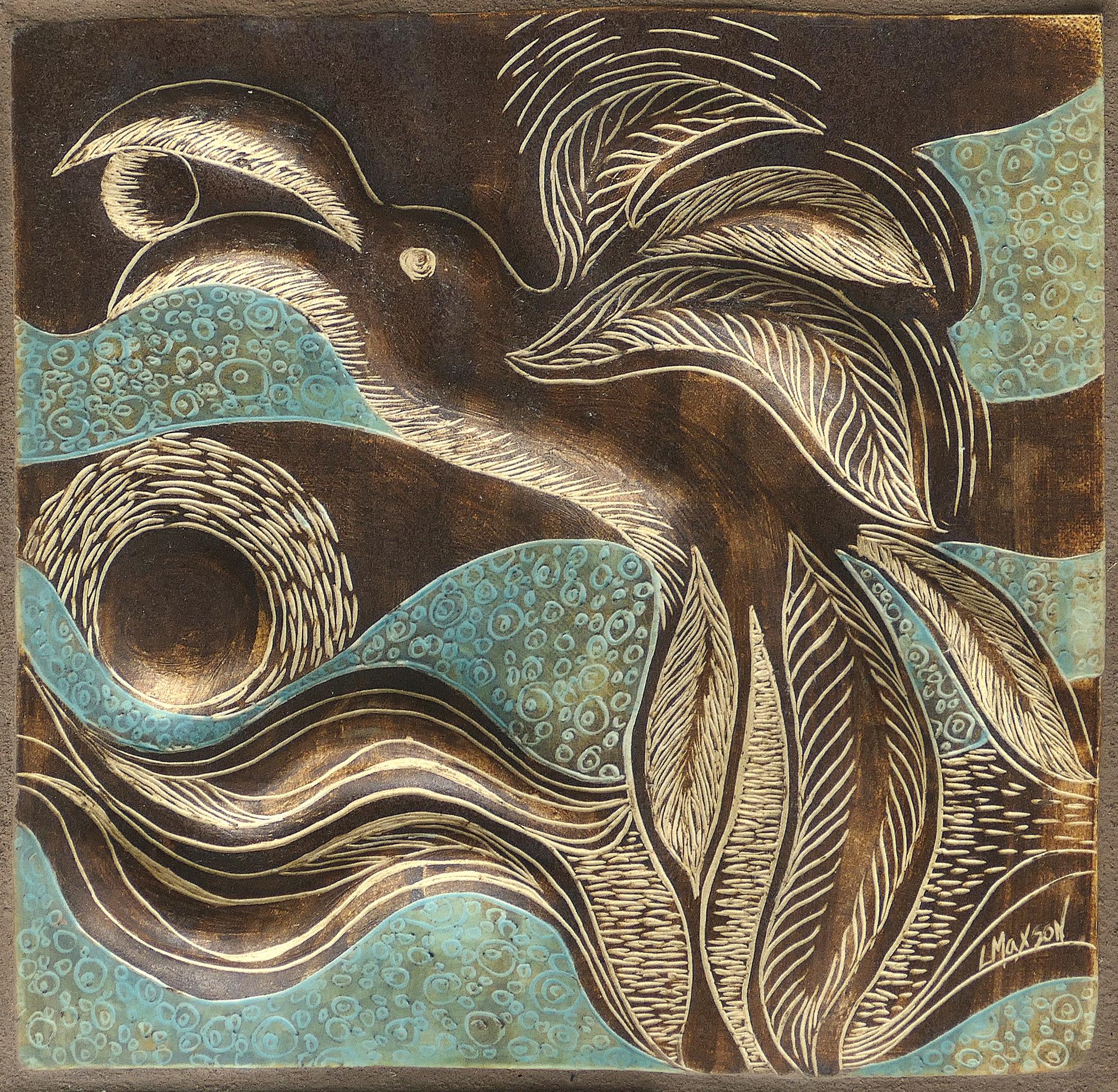 Linda Maxson California artist ceramic plaque depicting a bird

Offered for sale is a ceramic bas relief plaque by the Palm Desert, California artist Linda Maxson. This high bas relief plaque depicts a stylized bird feeding on a seed. It is wired