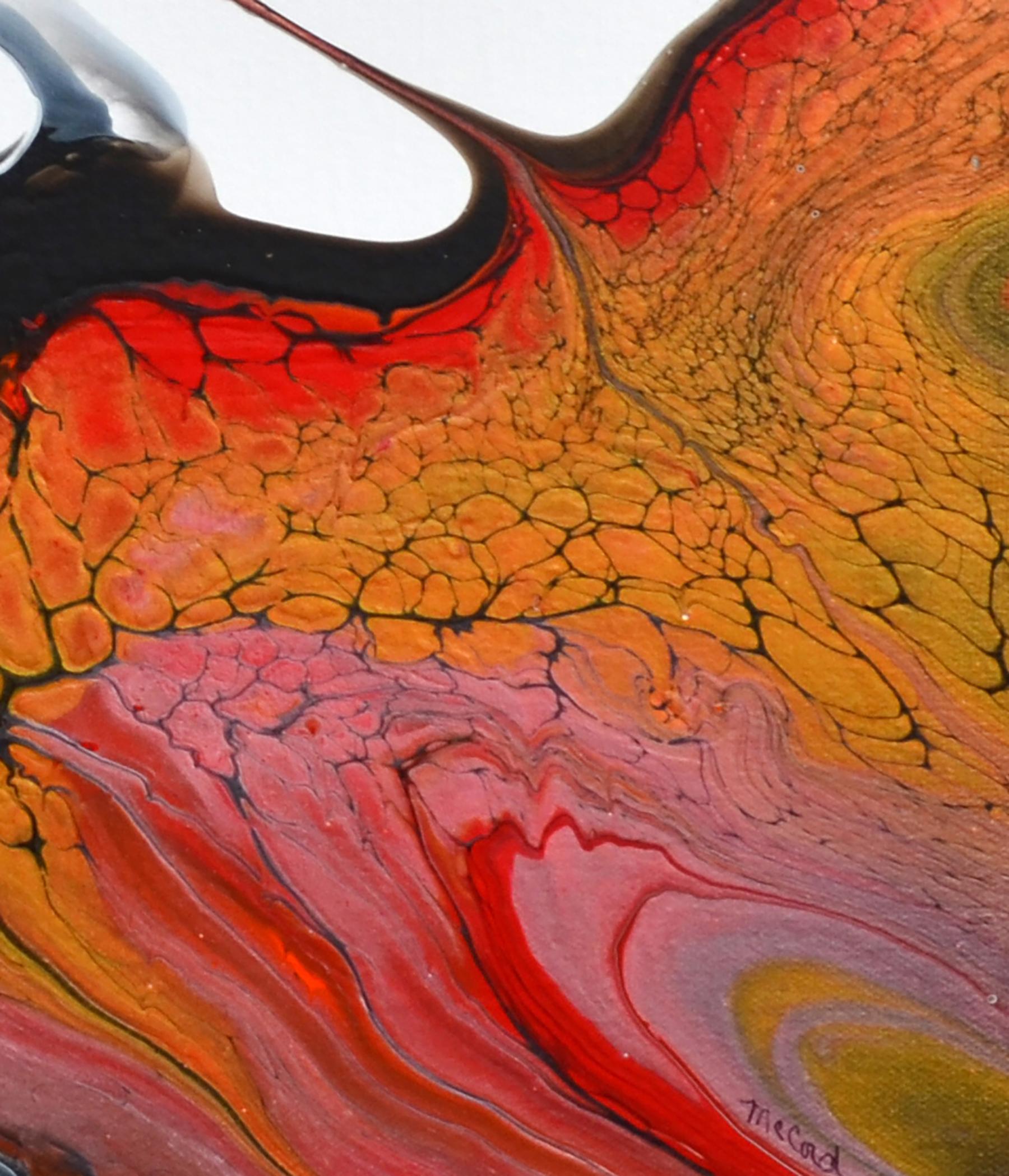<p>Commentaires de l'artiste<br>Les formes fluides suggèrent une image d'oiseau planant au-dessus de la terre. Au milieu de l'espace blanc plat, les cellules rouges et noires donnent une impression de spontanéité et de mouvement. L'œuvre fait partie