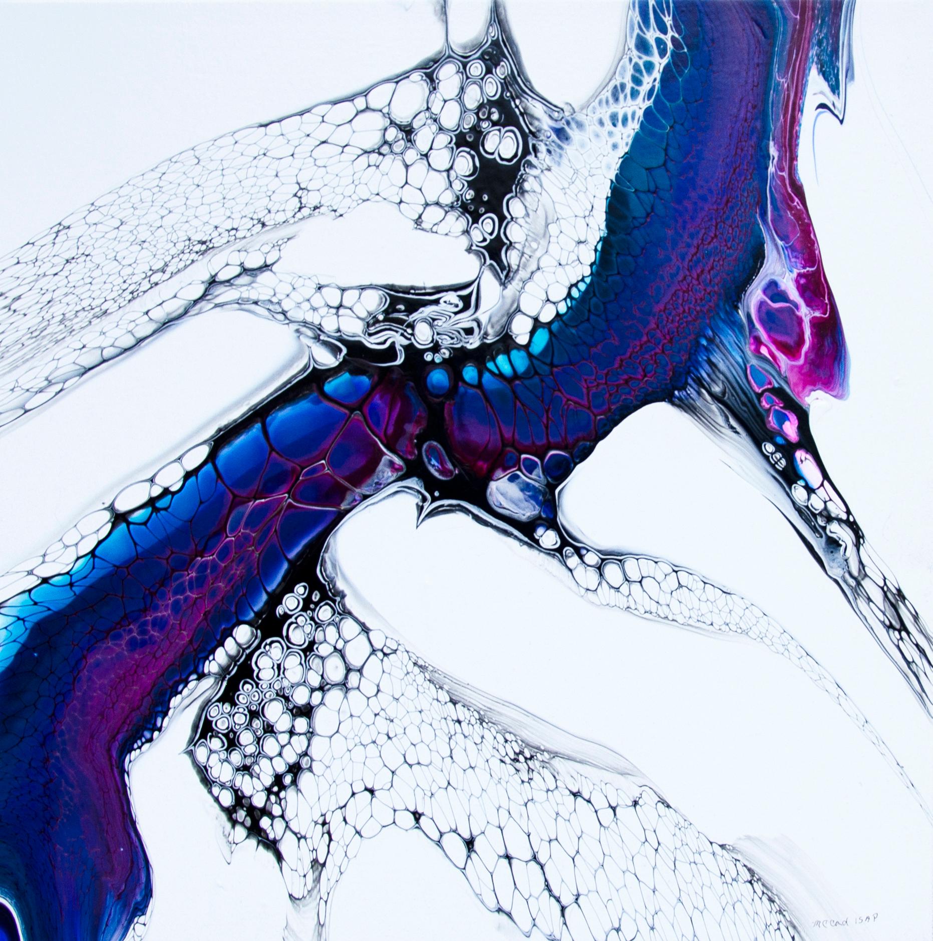 <p>Artist Comments<br>This abstract painting boldly contrasts blue, purple, and black against a stark white background. Made with the acrylic pouring method, the cells created make an illusion of water bubbles and a sense of fluidity in the