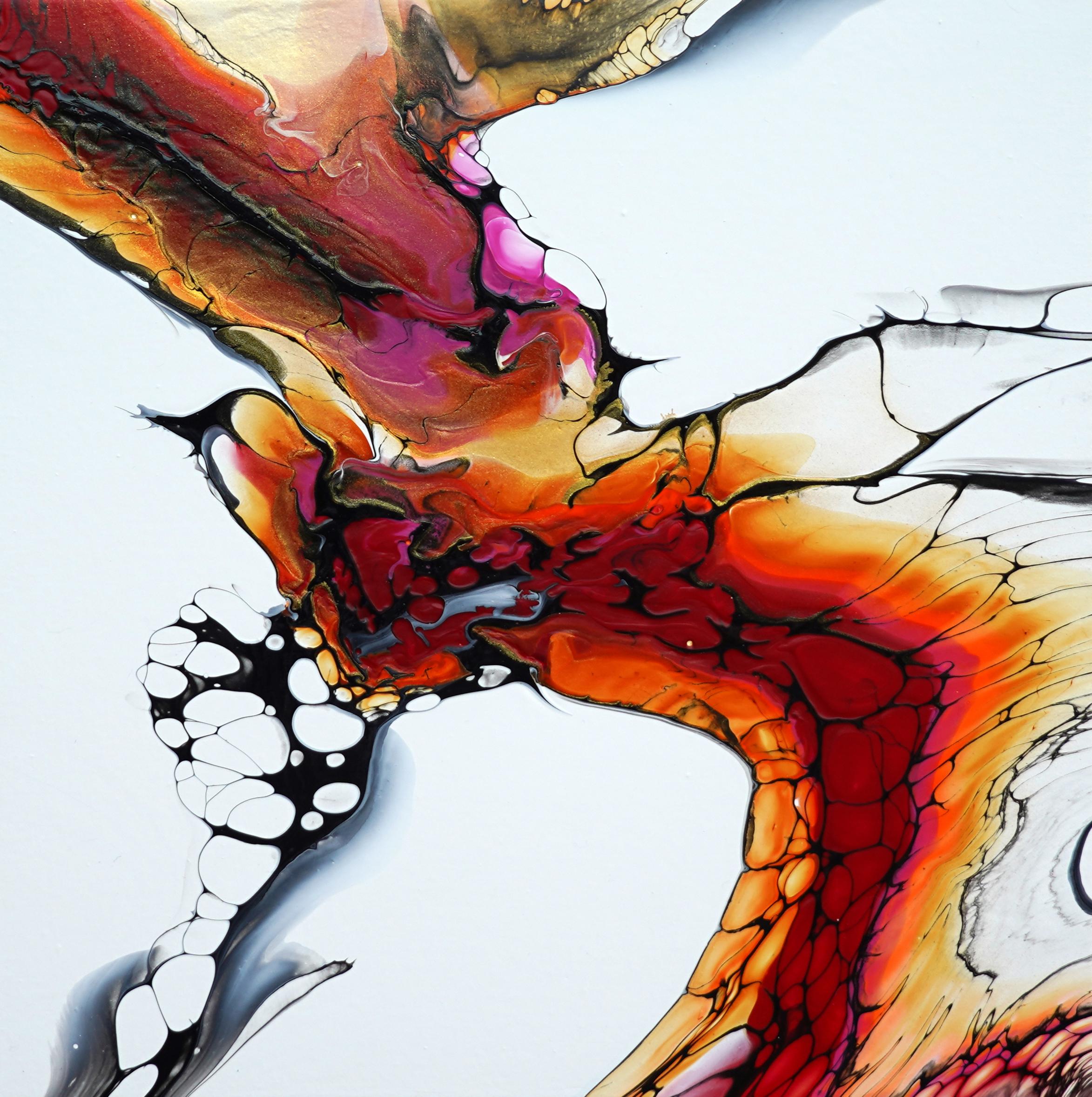 <p>Artist Comments<br />Vibrant orange and yellow flow onto a white background, while black cellular lines provide contrast and dimension. Part of artist Linda McCord's Bird series, the artwork conveys the joyful expression of flying in vivid
