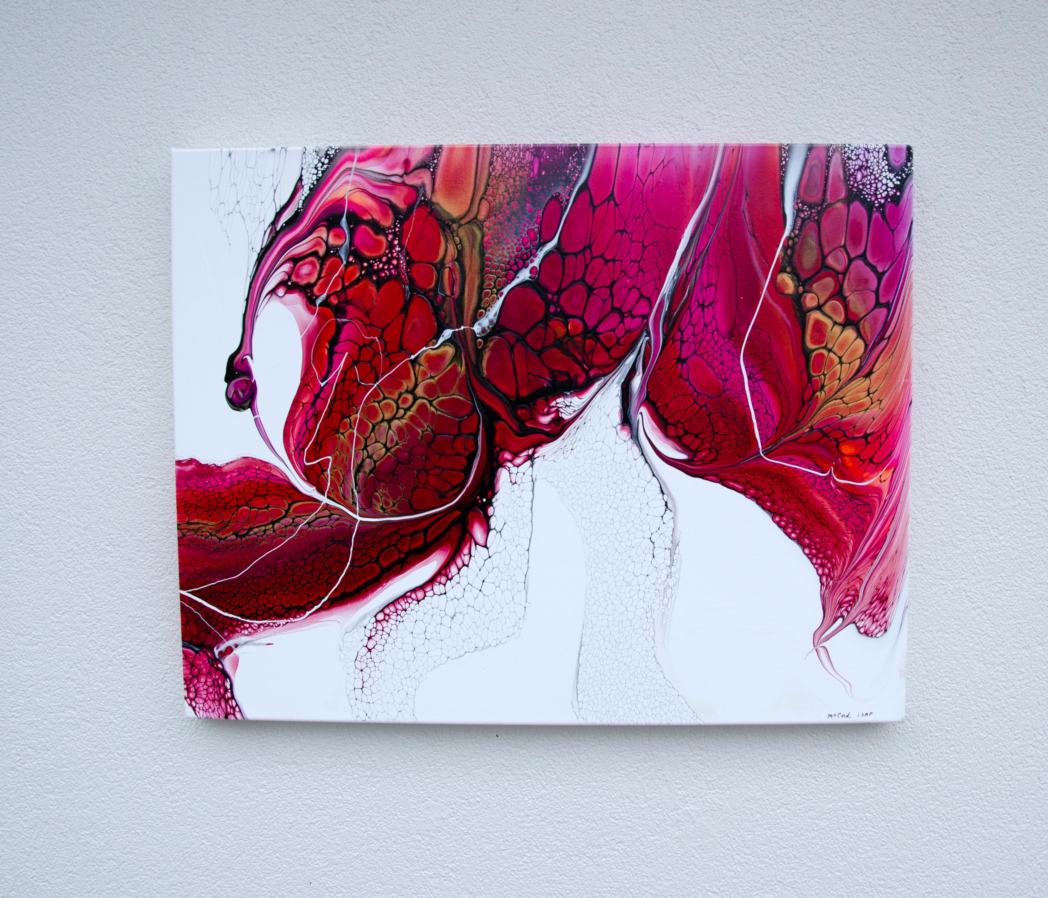 <p>Artist Comments<br>This abstract painting features vibrant red, pink, and orange hues. Black cells form organic shapes that infuse the composition with a sense of fluidity and dynamic energy. The artwork, made with the acrylic pouring method, is