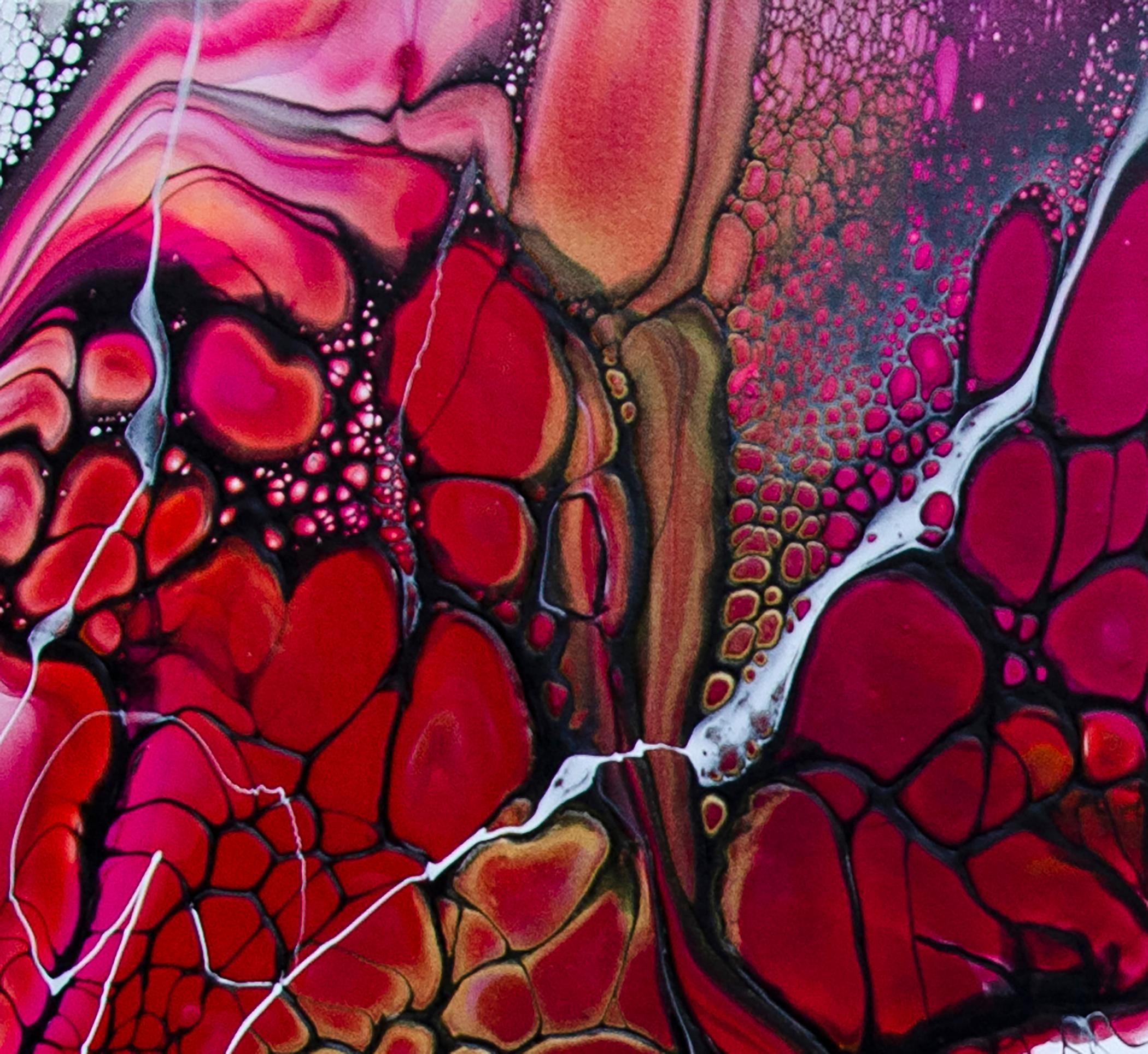 <p>Artist Comments<br>This abstract painting features vibrant red, pink, and orange hues. Black cells form organic shapes that infuse the composition with a sense of fluidity and dynamic energy. The artwork, made with the acrylic pouring method, is