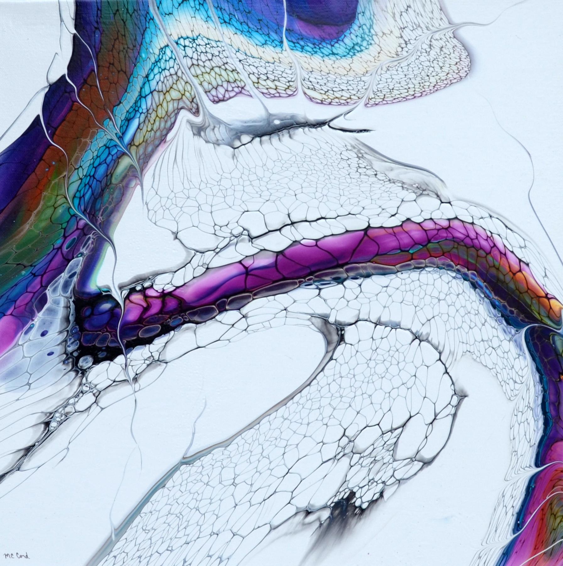<p>Artist Comments<br />Luminous colors dance against a backdrop of black and white, imbuing the artwork with an embossed effect. The abstract piece exudes movement and rhythm with the dynamic spreading of the cells. The composition directs one's