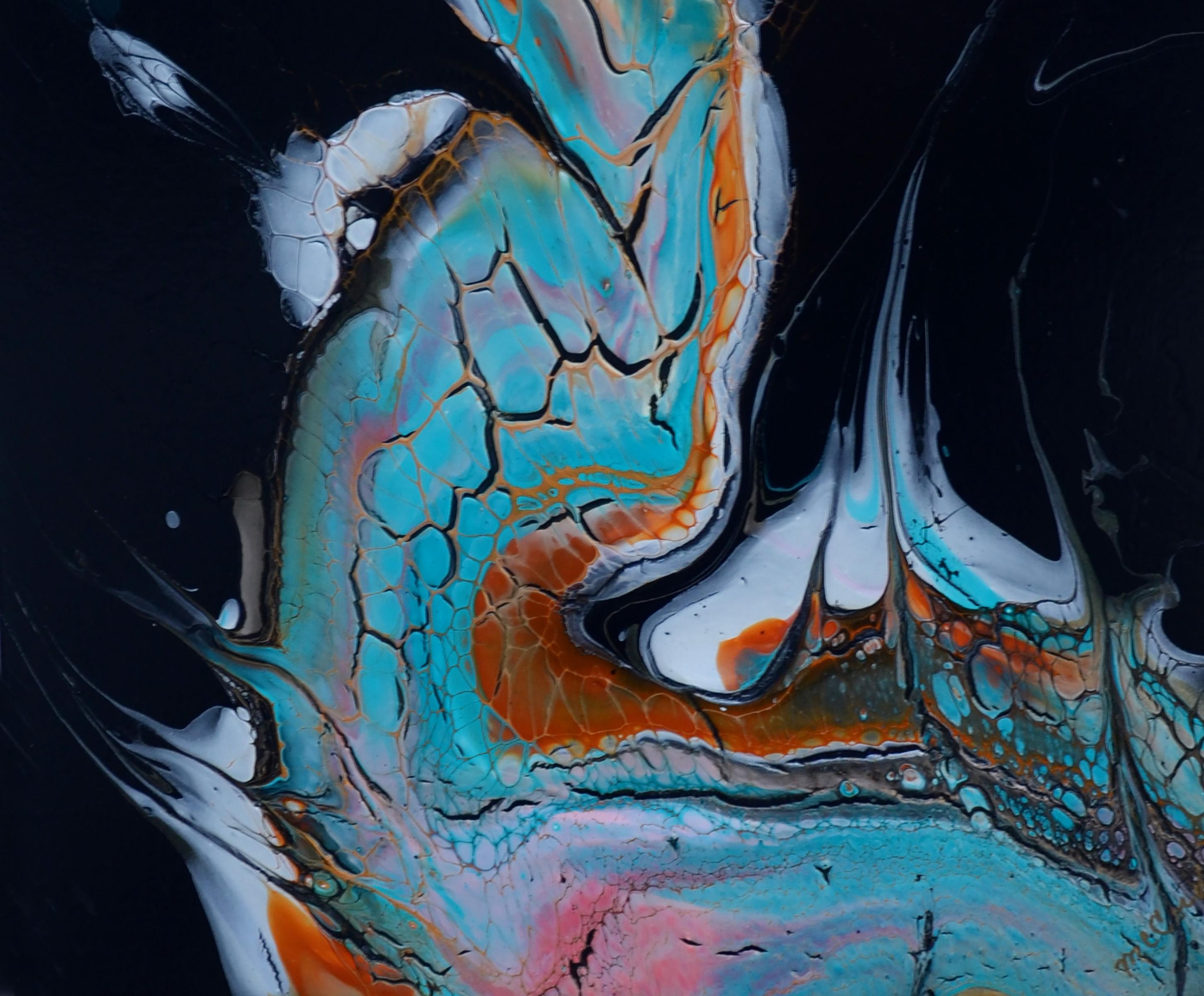 <p>Kommentare des Künstlers<br>Türkis, orange und weiße Farbe fließen vor einem schwarzen Hintergrund in diesem Acrylgemälde. In diesem abstrakten Werk untersucht die Künstlerin Linda McCord, wie Licht und Emotionen aus der Dunkelheit auftauchen.