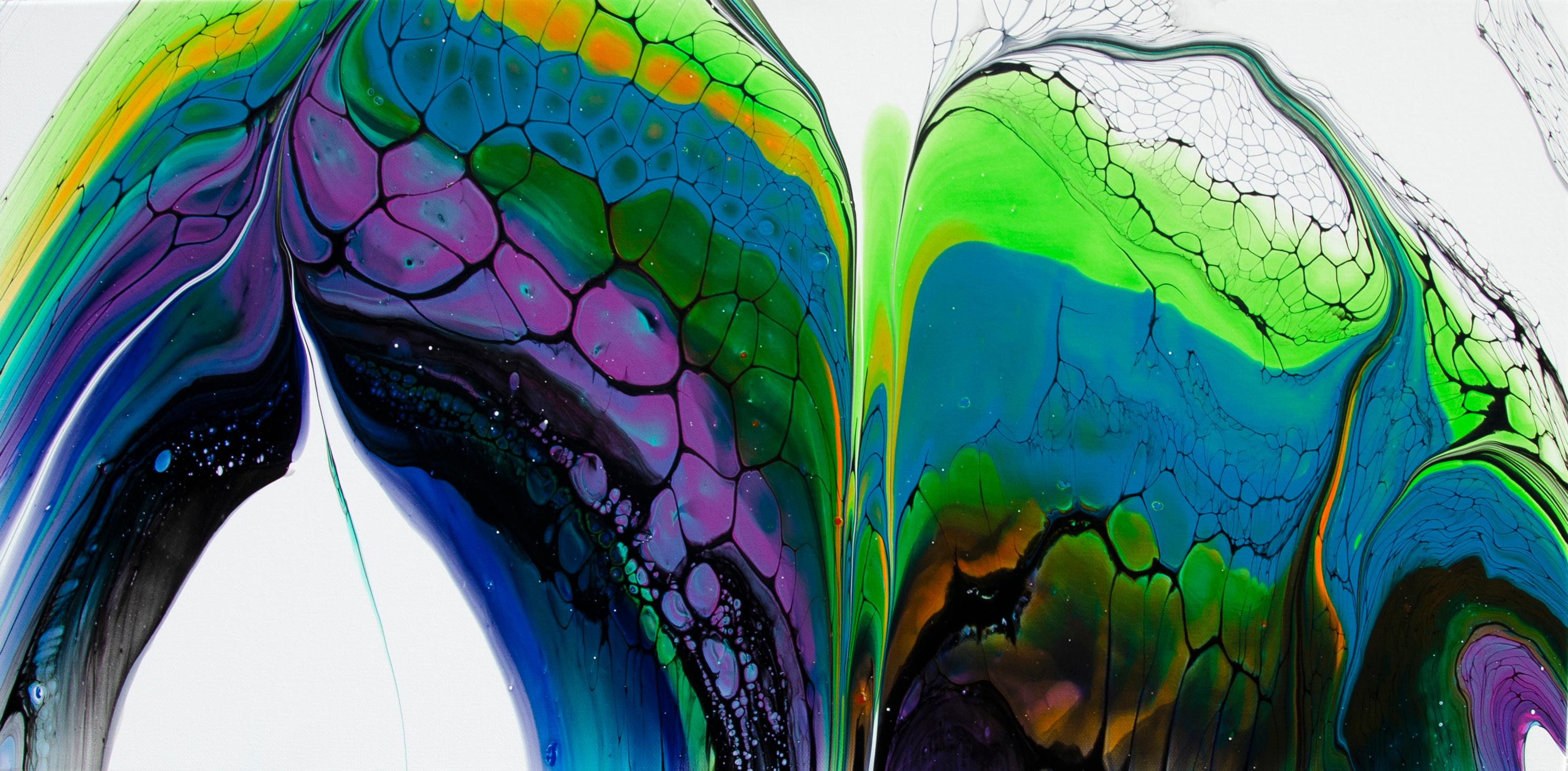 <p>Artist Comments<br>This abstract piece, created using the acrylic pouring technique, blends vibrant magenta, blue, and green hues. "U" shapes dominate the piece, recurring throughout the negative and positive spaces. Black cells form organic
