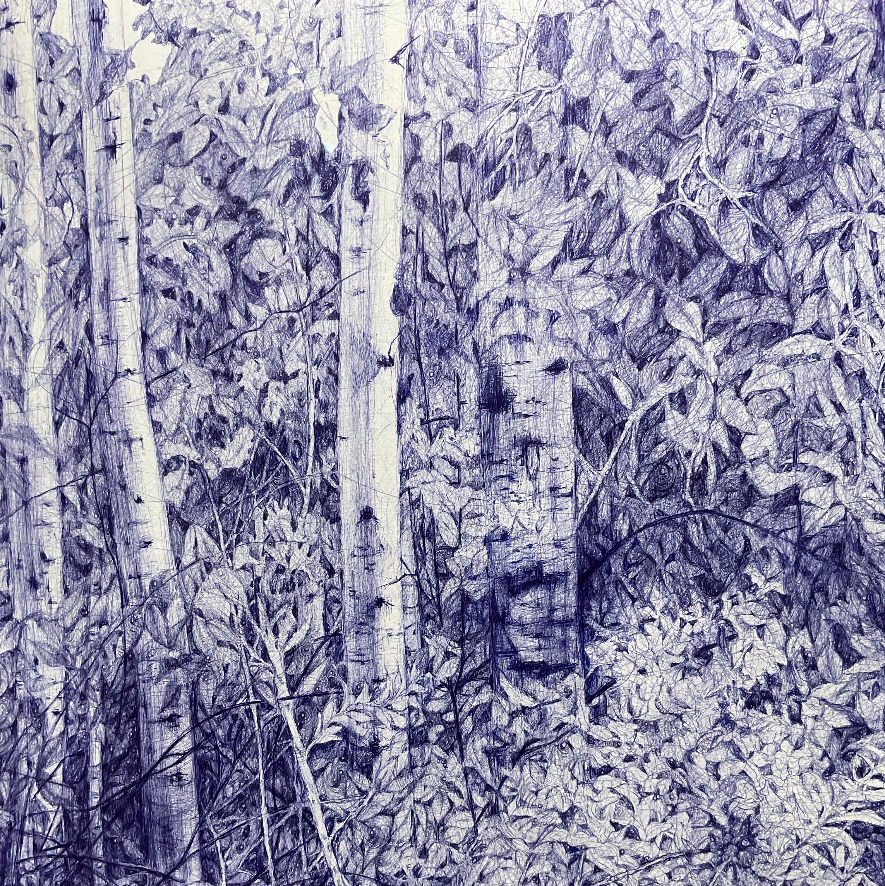 Yield and Overcome ( Impression archivistique d'un paysage forestier de la forêt de Blue Ball Point Pen) - Print de Linda Newman Boughton