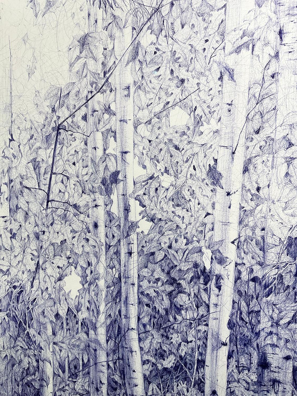 Resistere e superare (stampa d'archivio del paesaggio forestale con penna a sfera blu) - Print Contemporaneo di Linda Newman Boughton