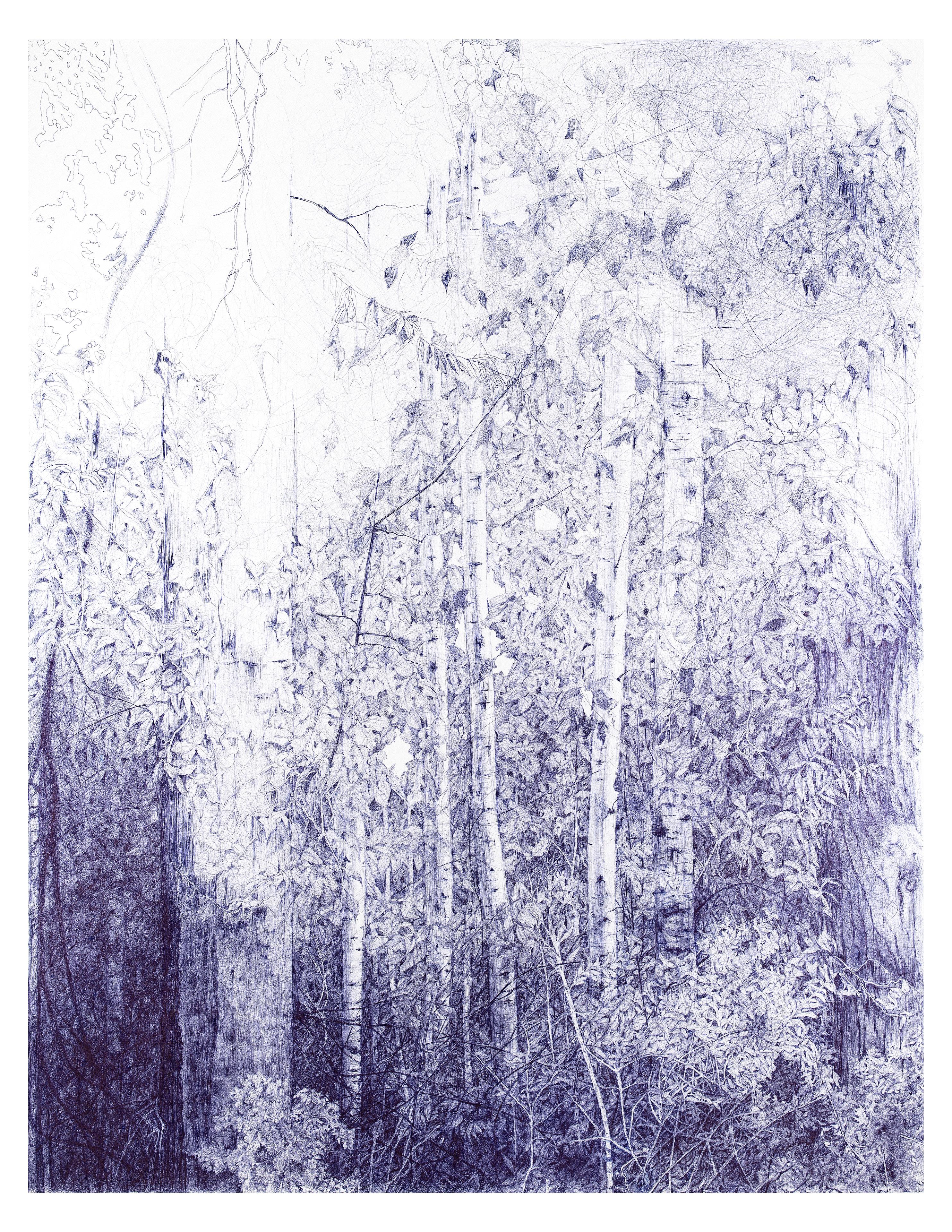 Linda Newman Boughton Still-Life Print - Yield and Overcome (Archival Print of Blue Ball Point Pen Forest Landscape)
