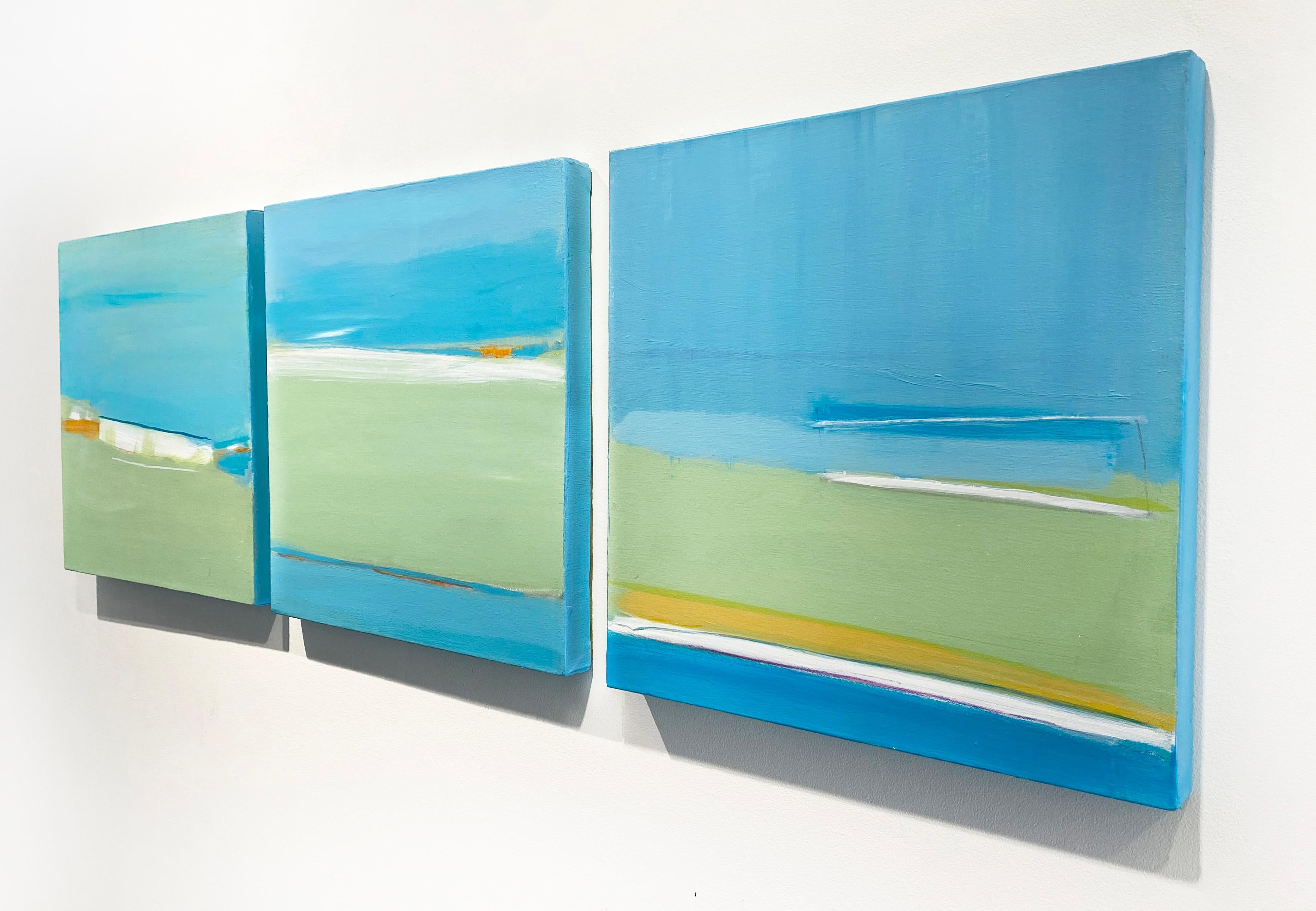 'Gaze' 2021 by Linda Nisselson. Acrylic on canvas, triptych, 18 x 54 inches, 18 x 18 in each. This colorful abstract painting features bright shades of blue, green, white, and orange.

Abstract Expressionist painter Linda Nisselson's paintings are
