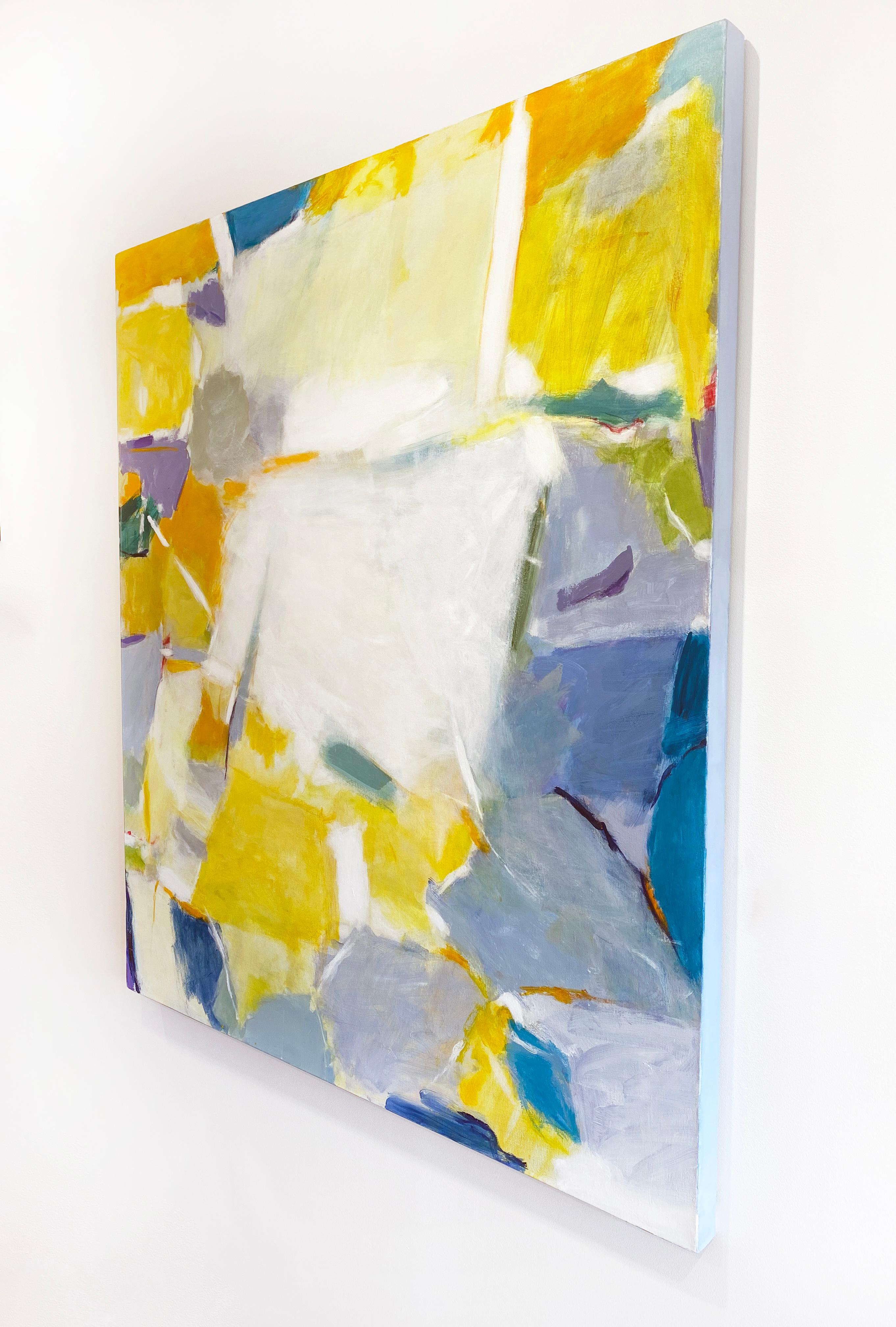 'For Now' 2021 by Linda Nisselson. Acrylic on canvas, 56 x 50 inches. This colorful abstract painting features bright swatches of blue, yellow, white, green,  and orange.

Abstract Expressionist painter Linda Nisselson's paintings are inspired by