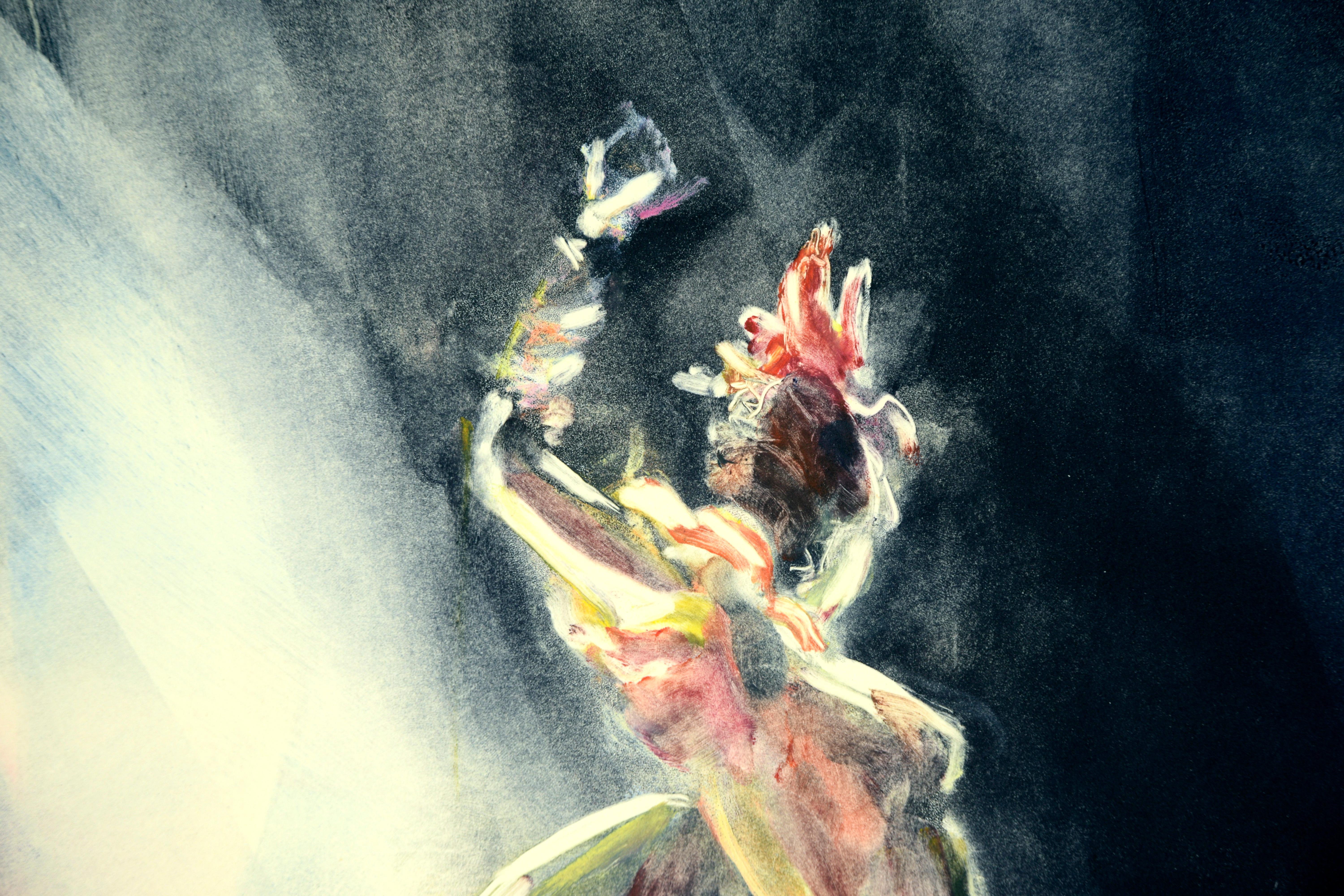Original-impressionistische Monotypie „Capricho“

In dieser auffälligen Monotypie steht eine Darstellerin auf einer Bühne, die von einem Lichtstrahl erhellt wird, und hebt eine Hand über sich. Die gehobene Hand und die aufgestellten Füße der