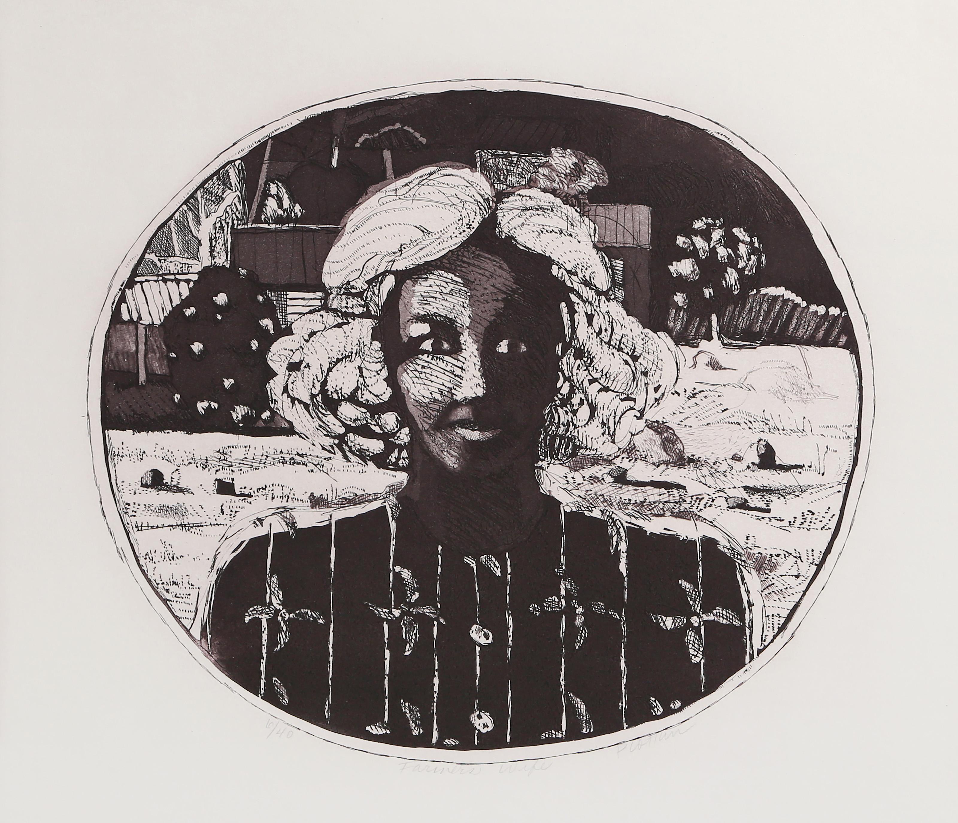 Linda Plotkin, American (1938 - ) - Farmers Wife, Year:  circa 1965, Medium:  Etching on BFK Rives, signed, titled and numbered in pencil, Edition:  6/40, Image Size:  12 x 14 inches, Size:  22 x 30 in. (55.88 x 76.2 cm) 